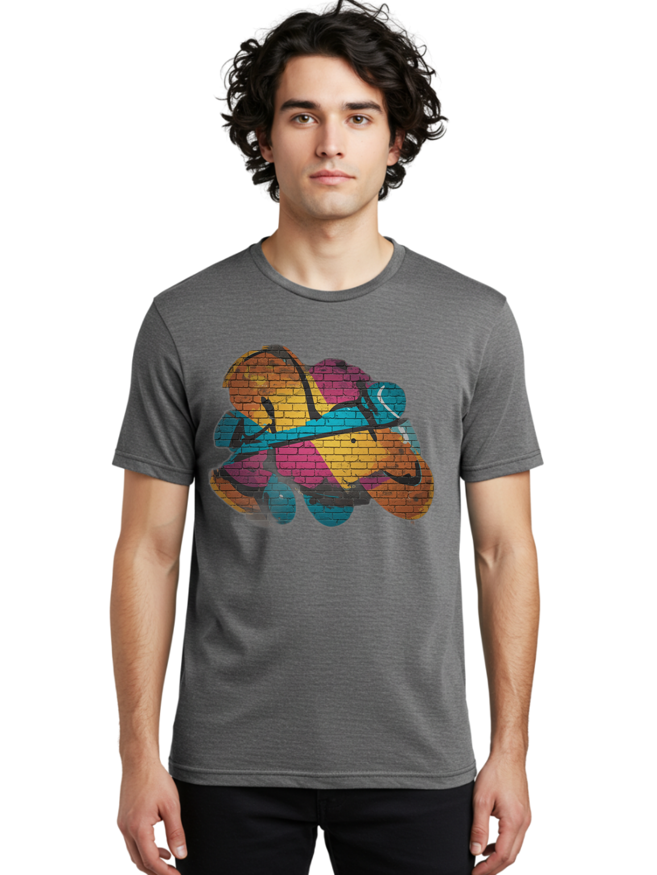 Colorful-Graffiti Men'S Graphic Tee, 100% Cotton, Comfortable Casual Summer Wear, Machine Washable, Graffiti Art, Street Art, Urban Design, Shamrock, Four-Leaf Clover, Colorful Mural, Vibrant Colors, Brick Texture, Symbolic Representation Bac884