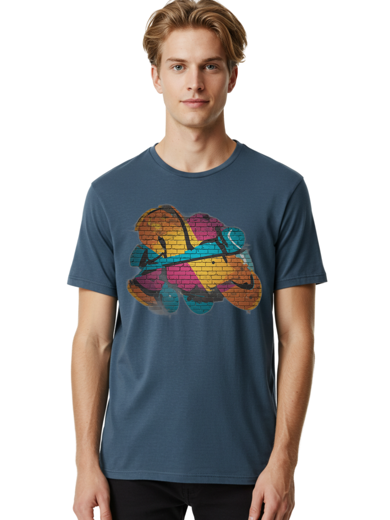 Colorful-Graffiti Men'S Graphic Tee, 100% Cotton, Comfortable Casual Summer Wear, Machine Washable, Graffiti Art, Street Art, Urban Design, Shamrock, Four-Leaf Clover, Colorful Mural, Vibrant Colors, Brick Texture, Symbolic Representation Bac884