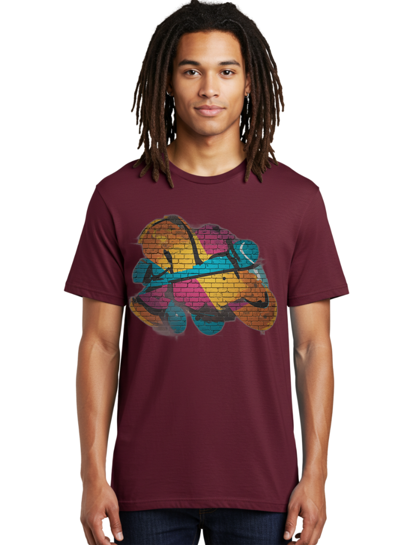 Colorful-Graffiti Men'S Graphic Tee, 100% Cotton, Comfortable Casual Summer Wear, Machine Washable, Graffiti Art, Street Art, Urban Design, Shamrock, Four-Leaf Clover, Colorful Mural, Vibrant Colors, Brick Texture, Symbolic Representation Bac884