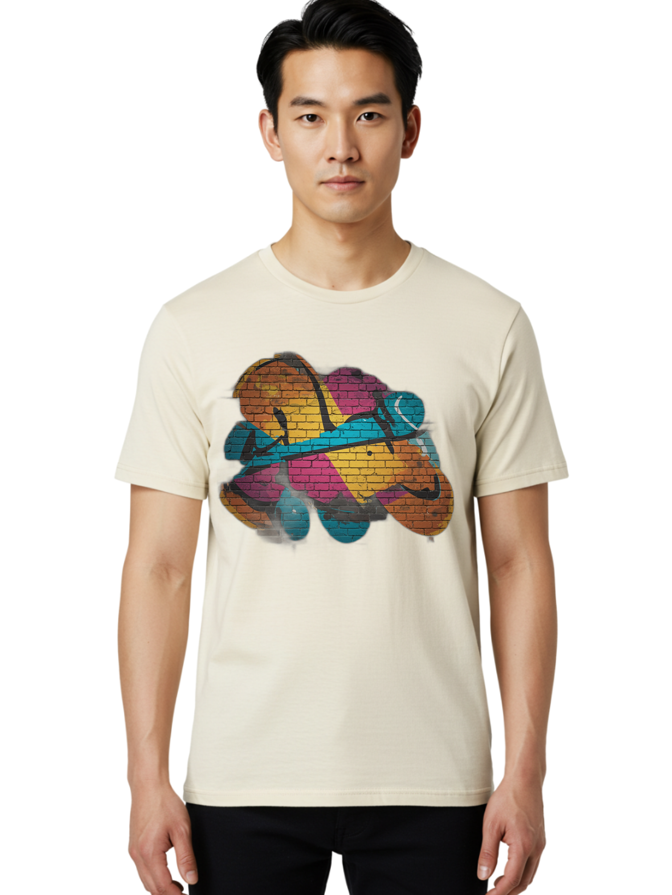 Colorful-Graffiti Men'S Graphic Tee, 100% Cotton, Comfortable Casual Summer Wear, Machine Washable, Graffiti Art, Street Art, Urban Design, Shamrock, Four-Leaf Clover, Colorful Mural, Vibrant Colors, Brick Texture, Symbolic Representation Bac884