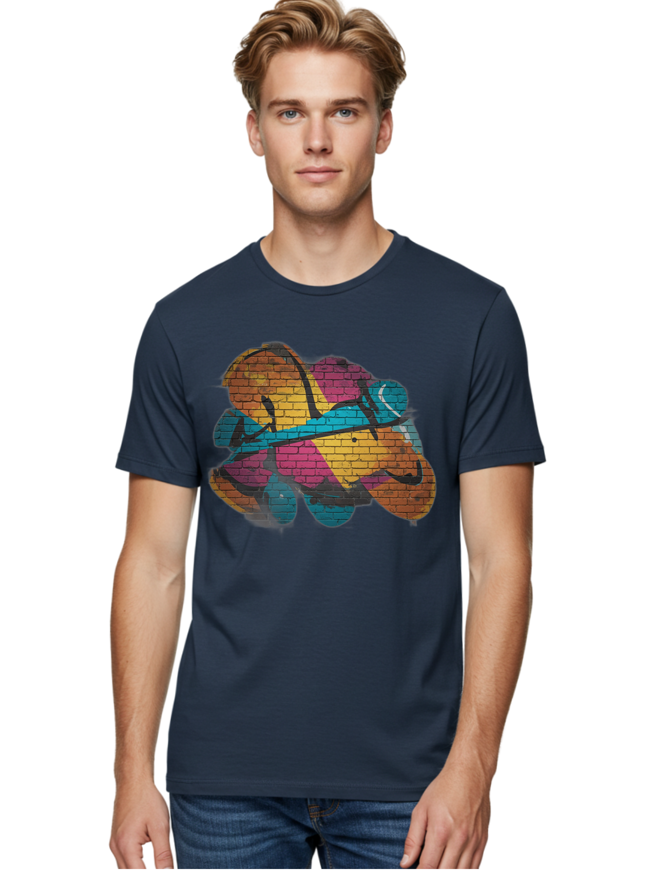 Colorful-Graffiti Men'S Graphic Tee, 100% Cotton, Comfortable Casual Summer Wear, Machine Washable, Graffiti Art, Street Art, Urban Design, Shamrock, Four-Leaf Clover, Colorful Mural, Vibrant Colors, Brick Texture, Symbolic Representation Bac884