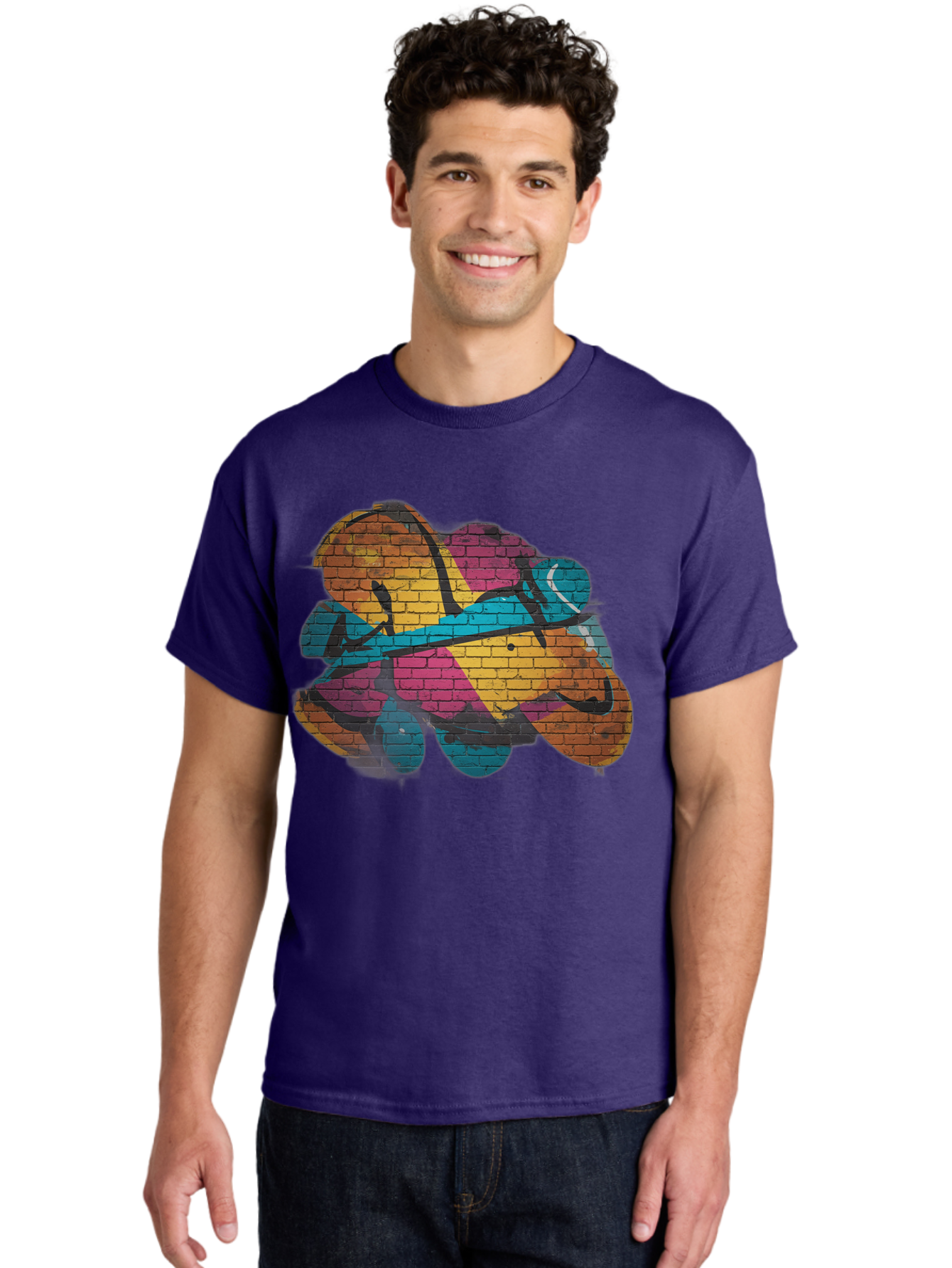 Colorful-Graffiti Men'S Graphic Tee, 100% Cotton, Comfortable Casual Summer Wear, Machine Washable, Graffiti Art, Street Art, Urban Design, Shamrock, Four-Leaf Clover, Colorful Mural, Vibrant Colors, Brick Texture, Symbolic Representation Bac884