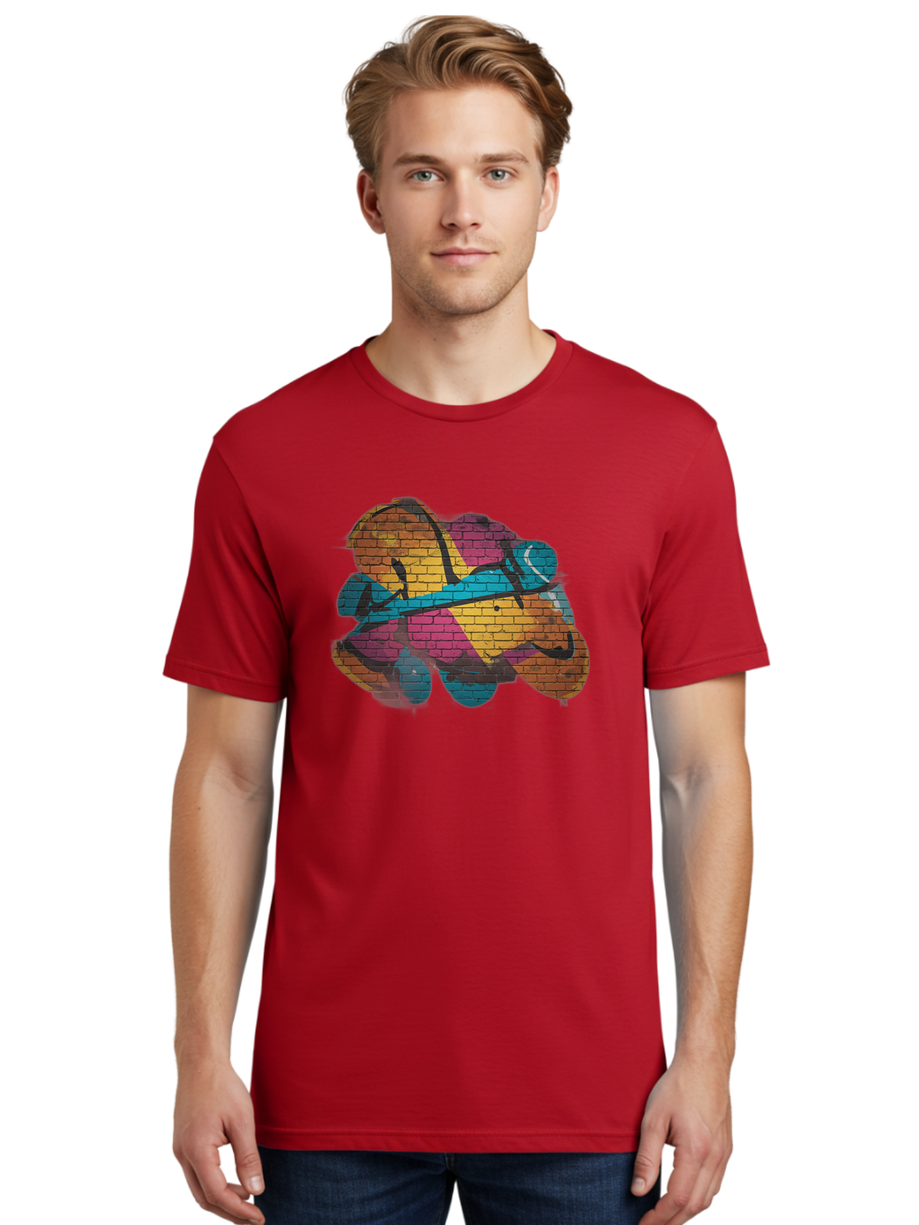 Colorful-Graffiti Men'S Graphic Tee, 100% Cotton, Comfortable Casual Summer Wear, Machine Washable, Graffiti Art, Street Art, Urban Design, Shamrock, Four-Leaf Clover, Colorful Mural, Vibrant Colors, Brick Texture, Symbolic Representation Bac884