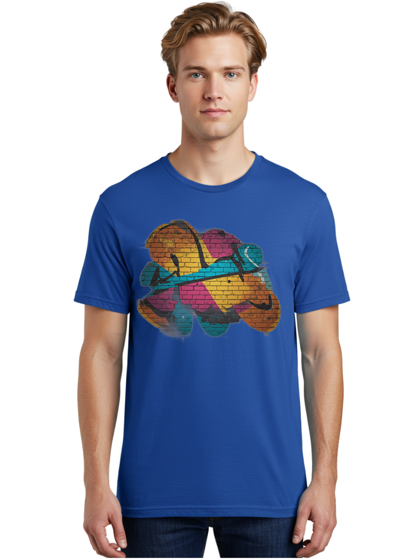 Colorful-Graffiti Men'S Graphic Tee, 100% Cotton, Comfortable Casual Summer Wear, Machine Washable, Graffiti Art, Street Art, Urban Design, Shamrock, Four-Leaf Clover, Colorful Mural, Vibrant Colors, Brick Texture, Symbolic Representation Bac884