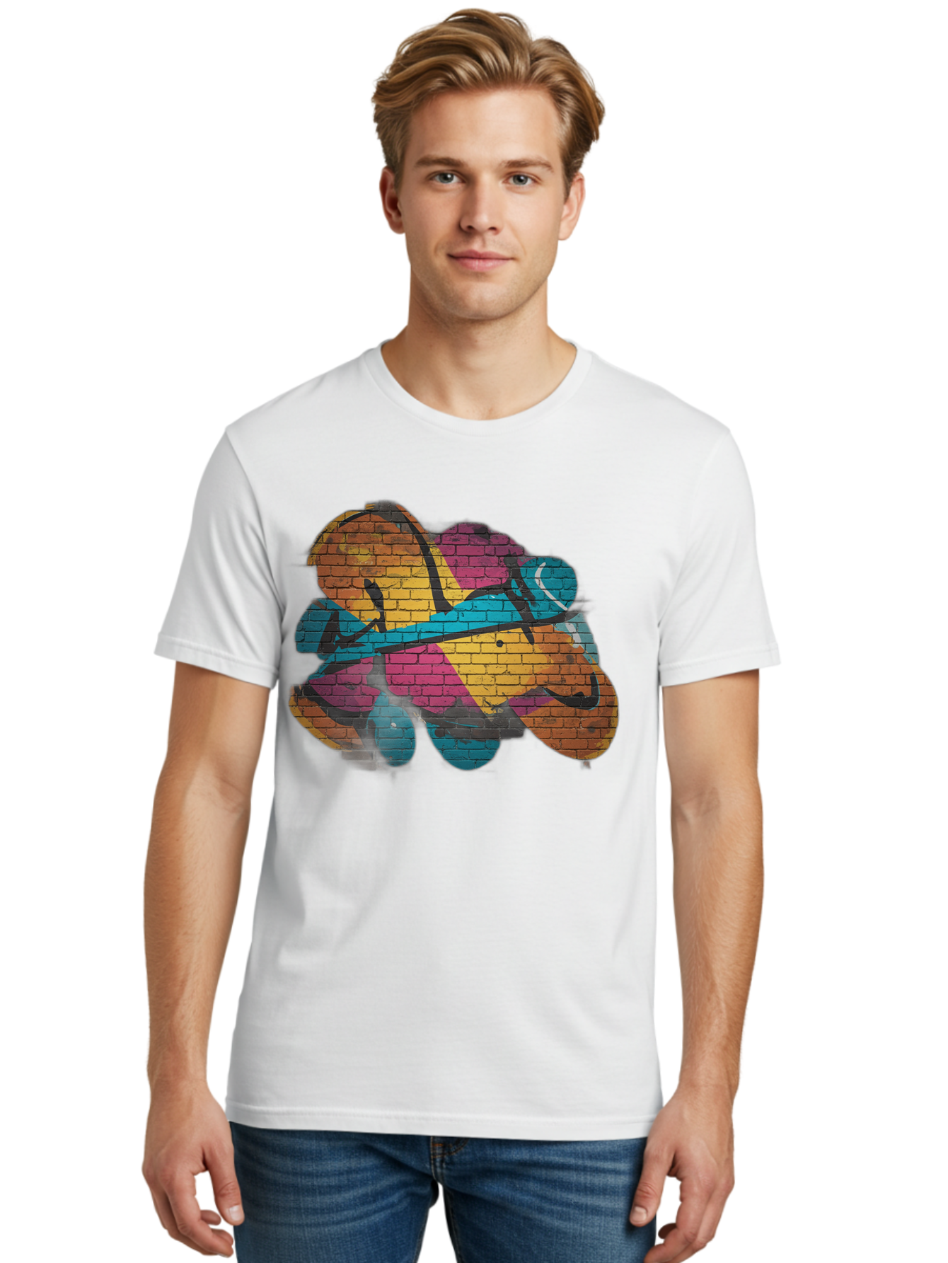Colorful-Graffiti Men'S Graphic Tee, 100% Cotton, Comfortable Casual Summer Wear, Machine Washable, Graffiti Art, Street Art, Urban Design, Shamrock, Four-Leaf Clover, Colorful Mural, Vibrant Colors, Brick Texture, Symbolic Representation Bac884
