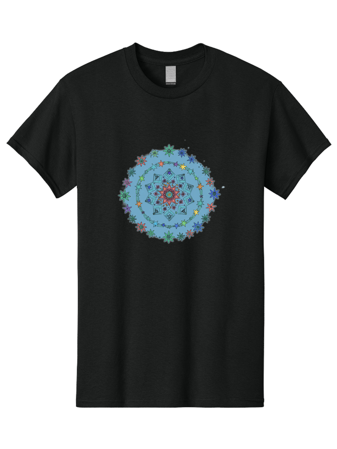 Colorful-Mandala Men'S Graphic Tee, 100% Cotton, Comfortable Casual Summer Wear, Machine Washable, Kaleidoscope Pattern, Mandala Design, Floral Motif, Symmetrical Art, Colorful Geometric Shapes, Vibrant Colors, Intricate Details, Abstract Art, Bac885