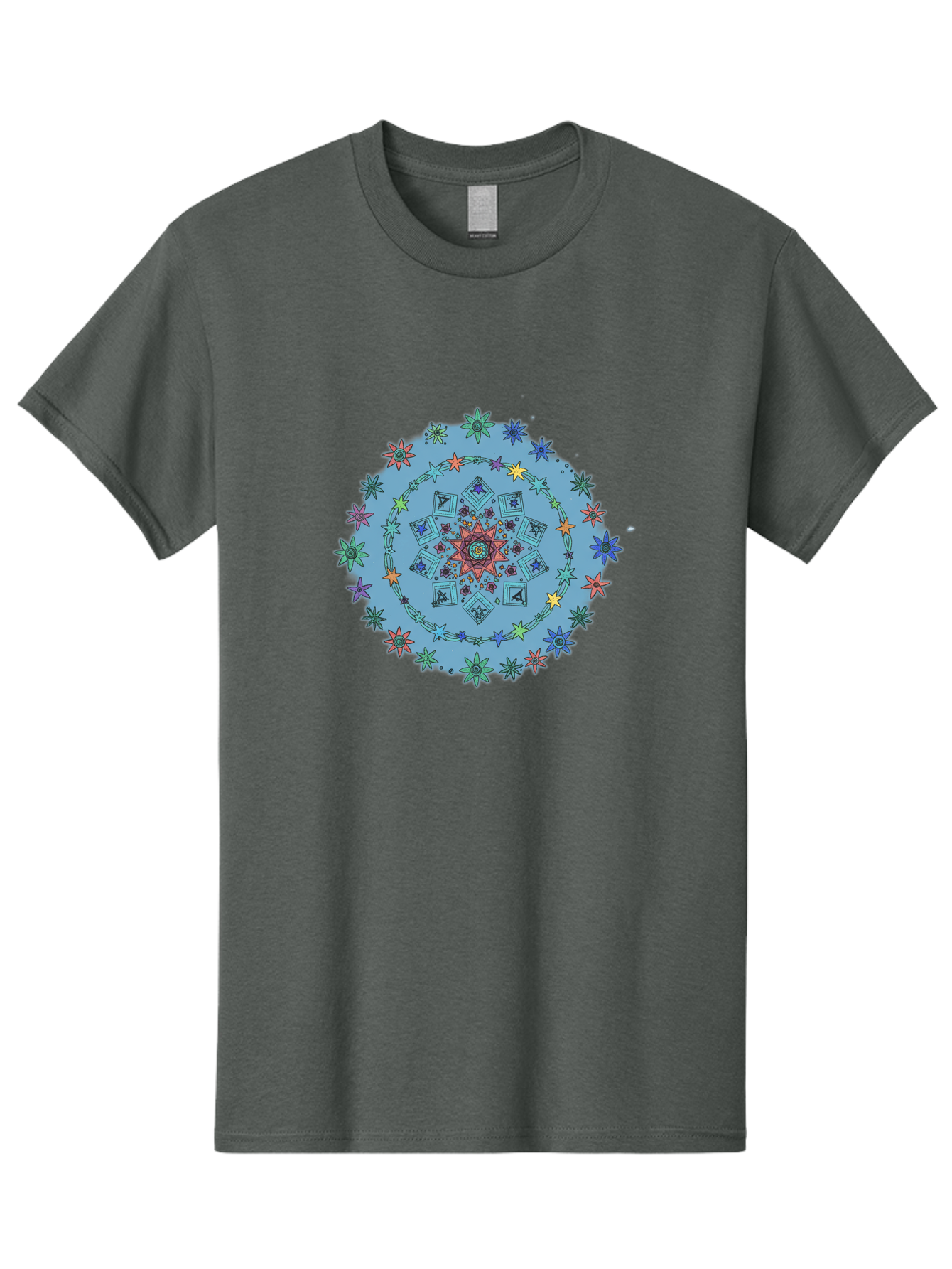 Colorful-Mandala Men'S Graphic Tee, 100% Cotton, Comfortable Casual Summer Wear, Machine Washable, Kaleidoscope Pattern, Mandala Design, Floral Motif, Symmetrical Art, Colorful Geometric Shapes, Vibrant Colors, Intricate Details, Abstract Art, Bac885