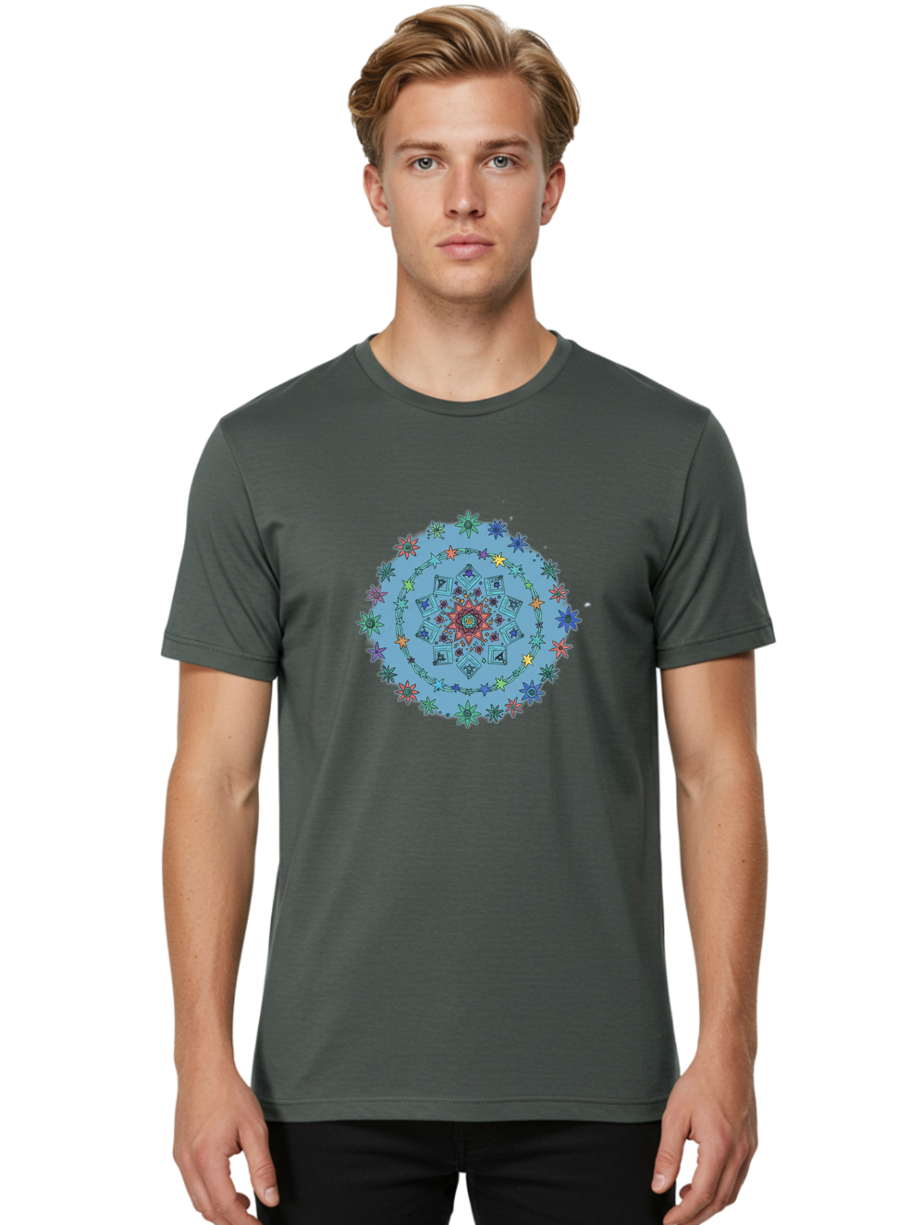 Colorful-Mandala Men'S Graphic Tee, 100% Cotton, Comfortable Casual Summer Wear, Machine Washable, Kaleidoscope Pattern, Mandala Design, Floral Motif, Symmetrical Art, Colorful Geometric Shapes, Vibrant Colors, Intricate Details, Abstract Art, Bac885