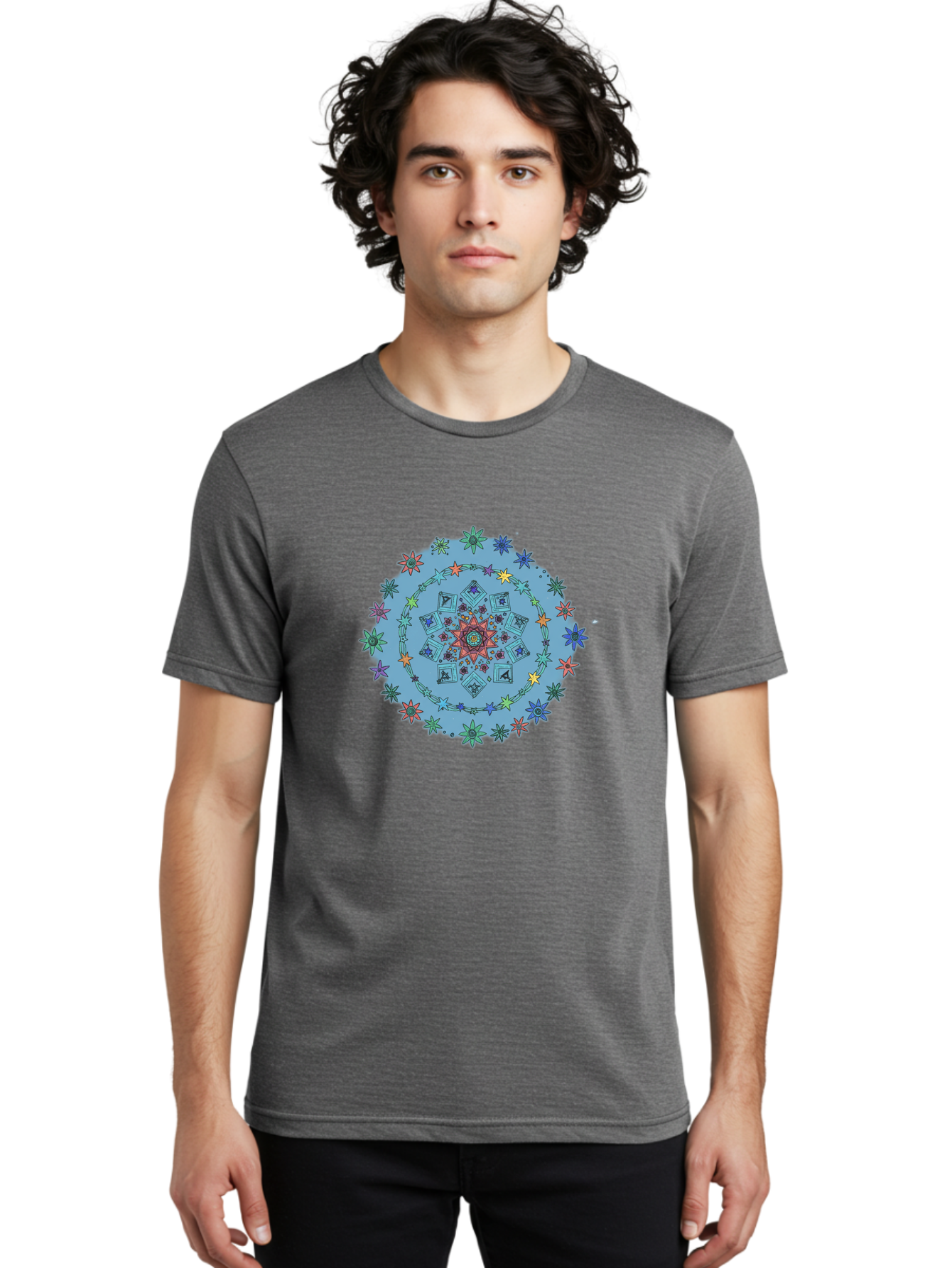 Colorful-Mandala Men'S Graphic Tee, 100% Cotton, Comfortable Casual Summer Wear, Machine Washable, Kaleidoscope Pattern, Mandala Design, Floral Motif, Symmetrical Art, Colorful Geometric Shapes, Vibrant Colors, Intricate Details, Abstract Art, Bac885