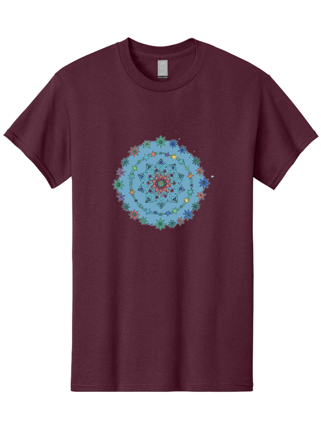 Colorful-Mandala Men'S Graphic Tee, 100% Cotton, Comfortable Casual Summer Wear, Machine Washable, Kaleidoscope Pattern, Mandala Design, Floral Motif, Symmetrical Art, Colorful Geometric Shapes, Vibrant Colors, Intricate Details, Abstract Art, Bac885