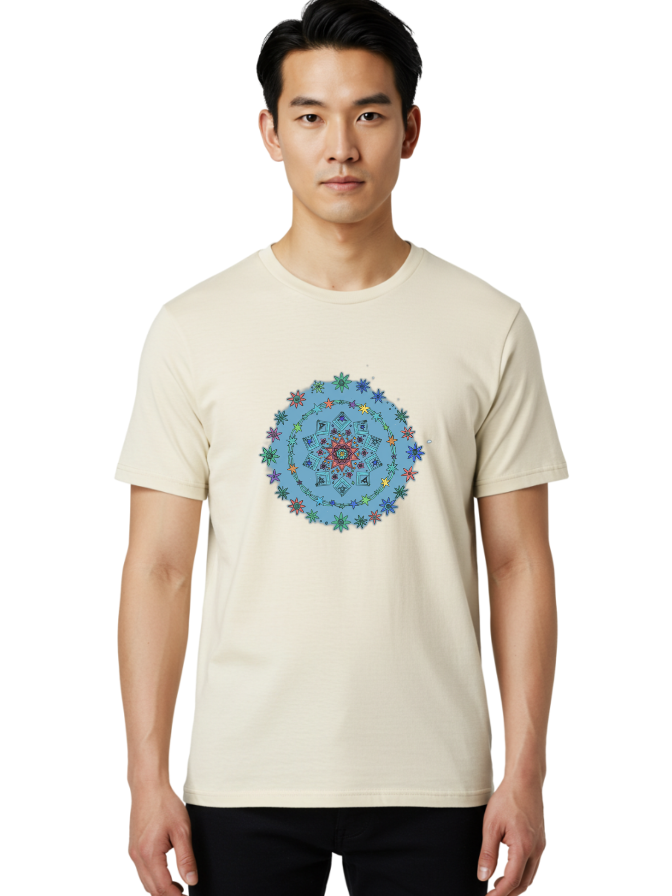 Colorful-Mandala Men'S Graphic Tee, 100% Cotton, Comfortable Casual Summer Wear, Machine Washable, Kaleidoscope Pattern, Mandala Design, Floral Motif, Symmetrical Art, Colorful Geometric Shapes, Vibrant Colors, Intricate Details, Abstract Art, Bac885
