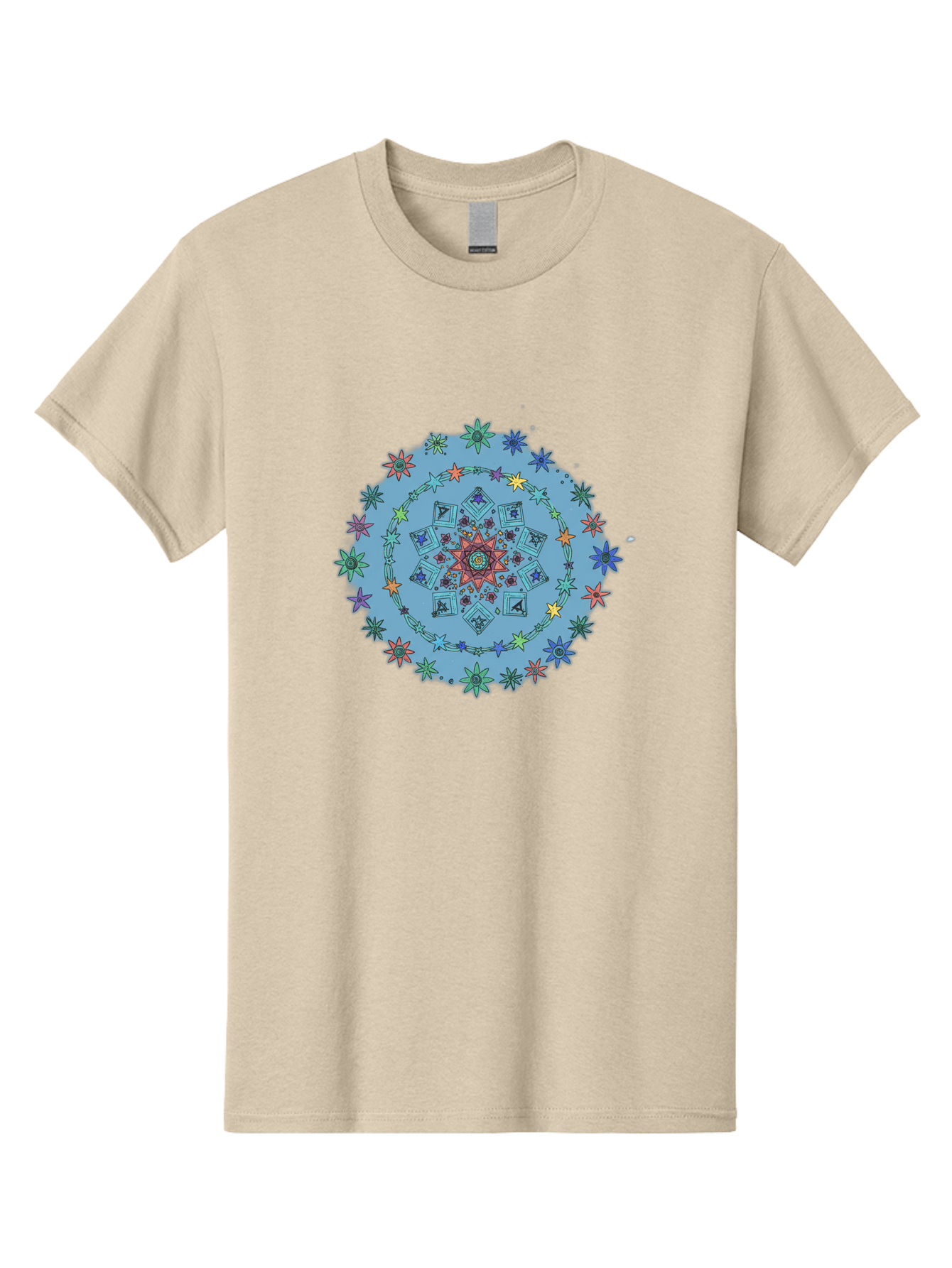 Colorful-Mandala Men'S Graphic Tee, 100% Cotton, Comfortable Casual Summer Wear, Machine Washable, Kaleidoscope Pattern, Mandala Design, Floral Motif, Symmetrical Art, Colorful Geometric Shapes, Vibrant Colors, Intricate Details, Abstract Art, Bac885