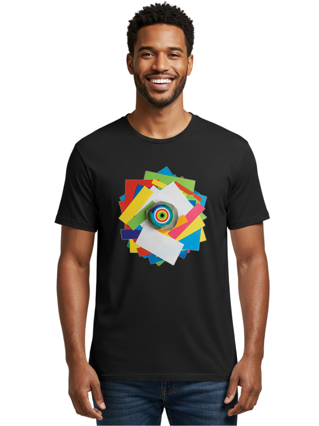 Colorful-Paper-Scraps Men'S Graphic Tee, 100% Cotton, Comfortable Casual Summer Wear, Machine Washable, Multicolored Papers, Camera Lens, Creative Collage, Art Supplies, Vibrant Colors, Colorful Textures, Abstract Art, Photography Equipment Bac886