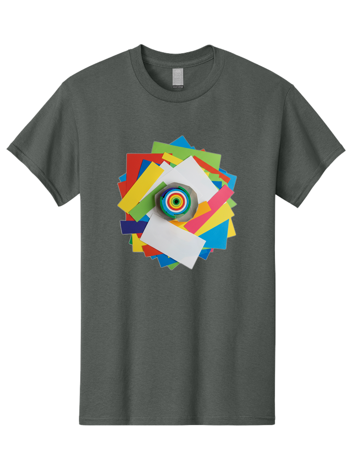 Colorful-Paper-Scraps Men'S Graphic Tee, 100% Cotton, Comfortable Casual Summer Wear, Machine Washable, Multicolored Papers, Camera Lens, Creative Collage, Art Supplies, Vibrant Colors, Colorful Textures, Abstract Art, Photography Equipment Bac886