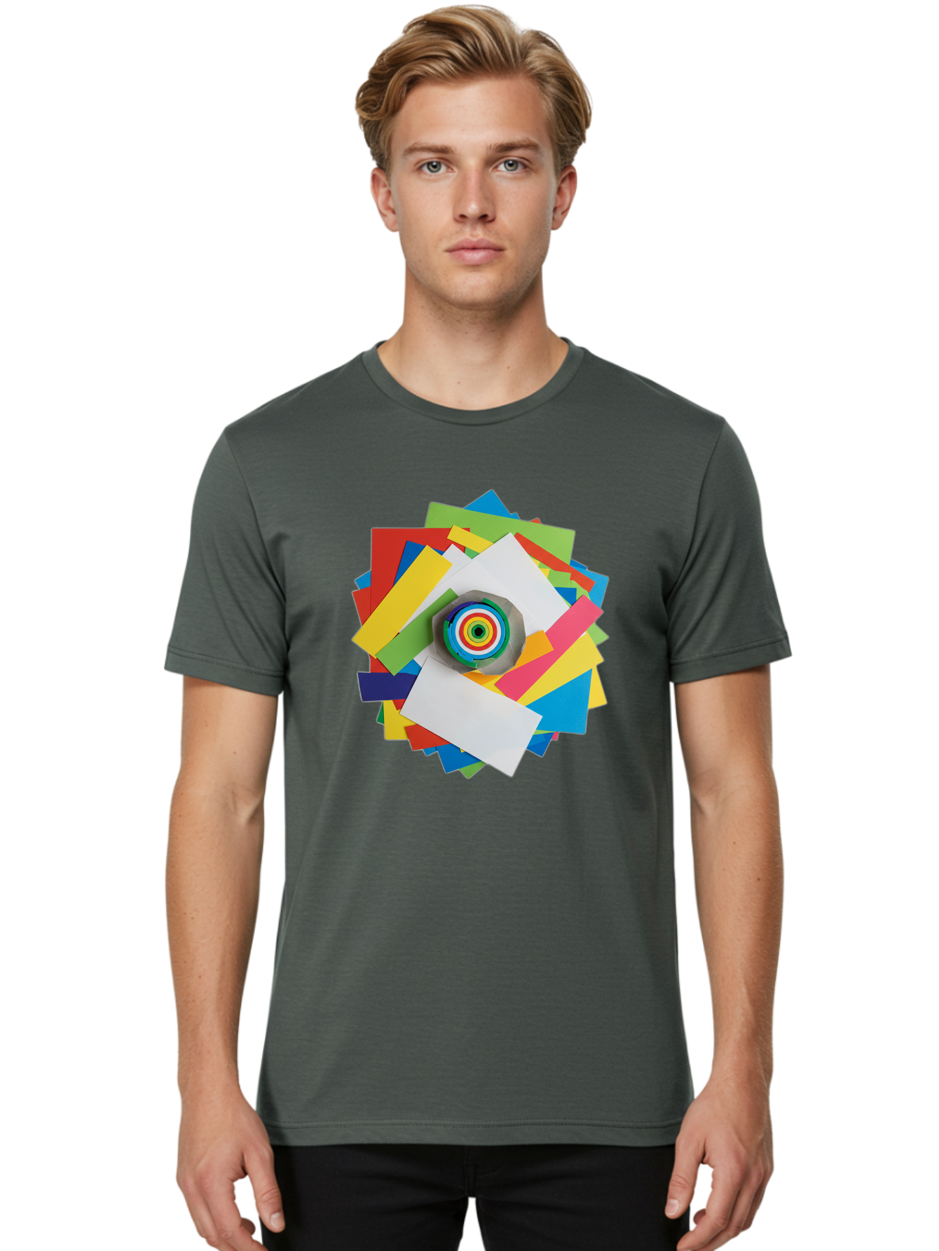 Colorful-Paper-Scraps Men'S Graphic Tee, 100% Cotton, Comfortable Casual Summer Wear, Machine Washable, Multicolored Papers, Camera Lens, Creative Collage, Art Supplies, Vibrant Colors, Colorful Textures, Abstract Art, Photography Equipment Bac886