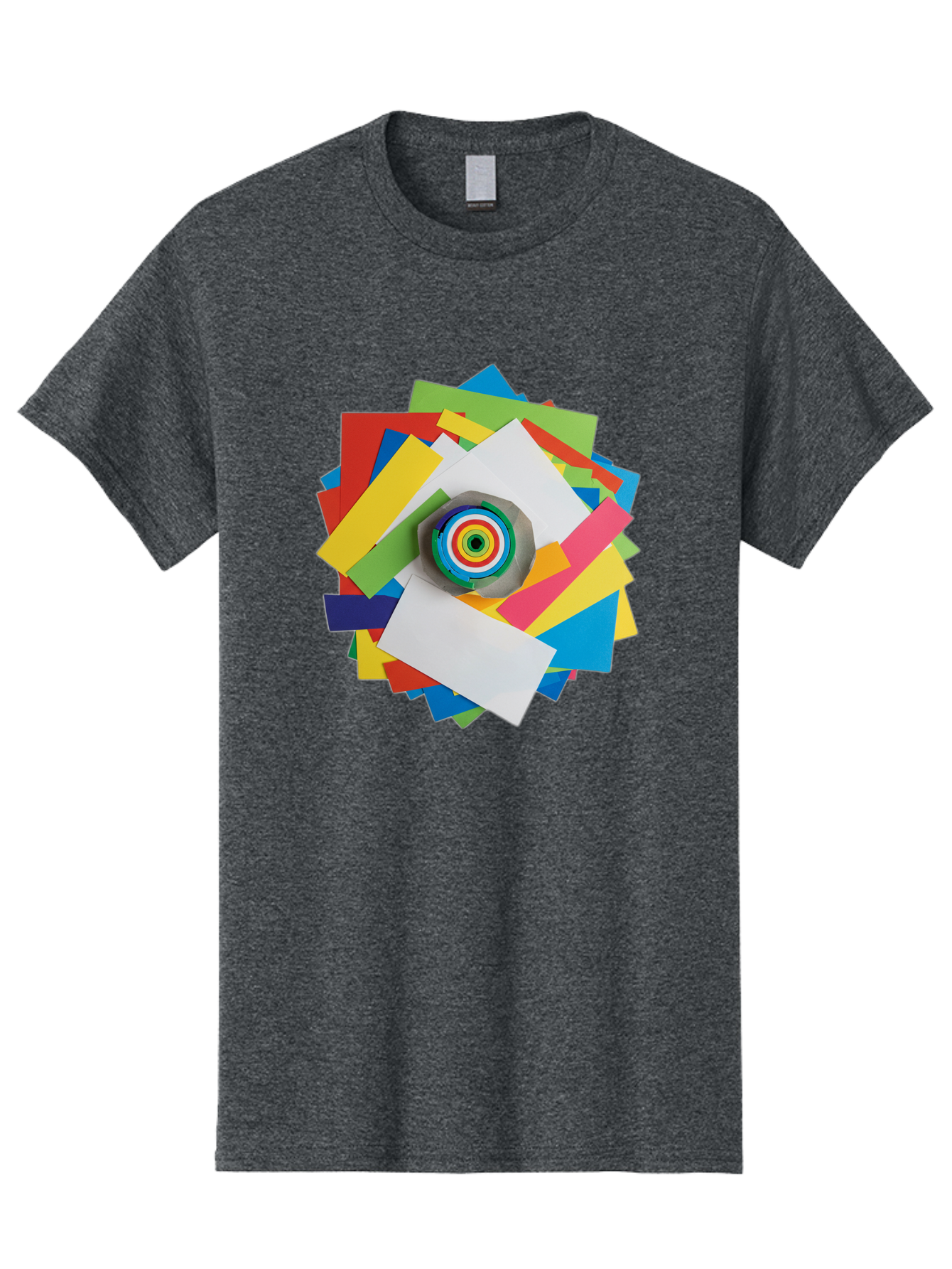 Colorful-Paper-Scraps Men'S Graphic Tee, 100% Cotton, Comfortable Casual Summer Wear, Machine Washable, Multicolored Papers, Camera Lens, Creative Collage, Art Supplies, Vibrant Colors, Colorful Textures, Abstract Art, Photography Equipment Bac886