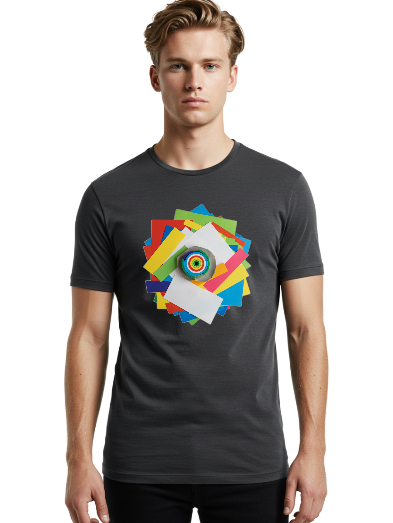Colorful-Paper-Scraps Men'S Graphic Tee, 100% Cotton, Comfortable Casual Summer Wear, Machine Washable, Multicolored Papers, Camera Lens, Creative Collage, Art Supplies, Vibrant Colors, Colorful Textures, Abstract Art, Photography Equipment Bac886