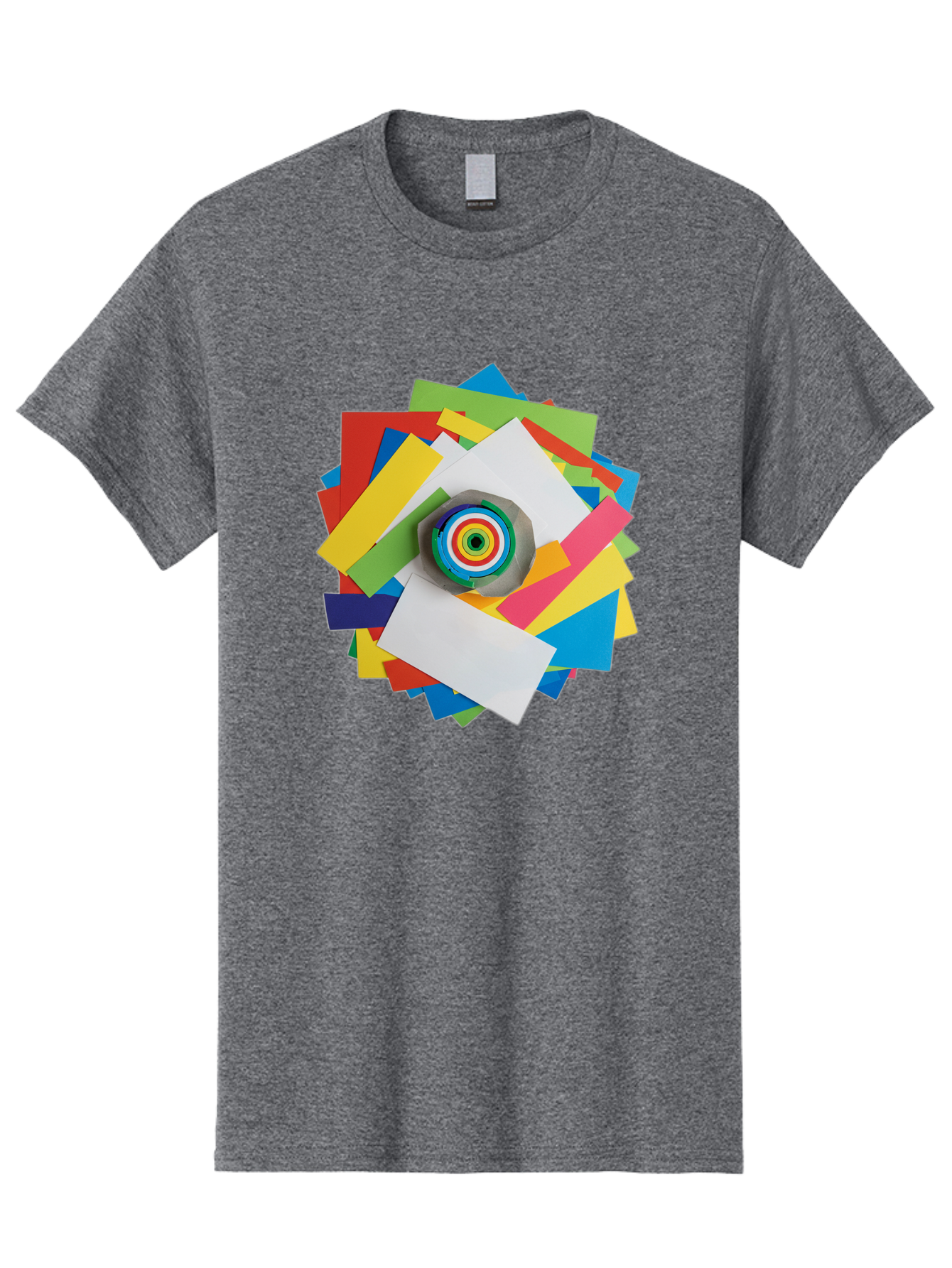 Colorful-Paper-Scraps Men'S Graphic Tee, 100% Cotton, Comfortable Casual Summer Wear, Machine Washable, Multicolored Papers, Camera Lens, Creative Collage, Art Supplies, Vibrant Colors, Colorful Textures, Abstract Art, Photography Equipment Bac886