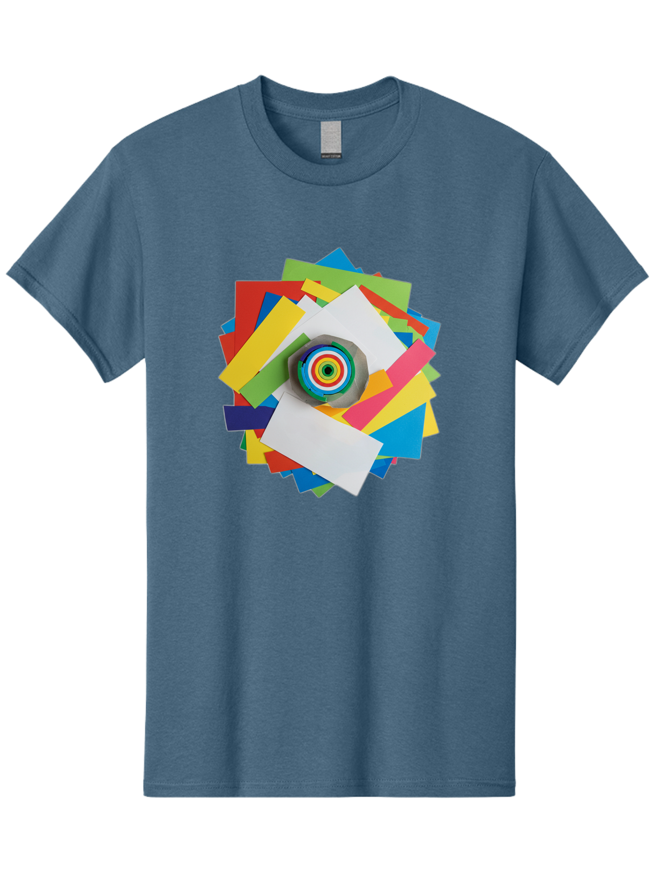 Colorful-Paper-Scraps Men'S Graphic Tee, 100% Cotton, Comfortable Casual Summer Wear, Machine Washable, Multicolored Papers, Camera Lens, Creative Collage, Art Supplies, Vibrant Colors, Colorful Textures, Abstract Art, Photography Equipment Bac886