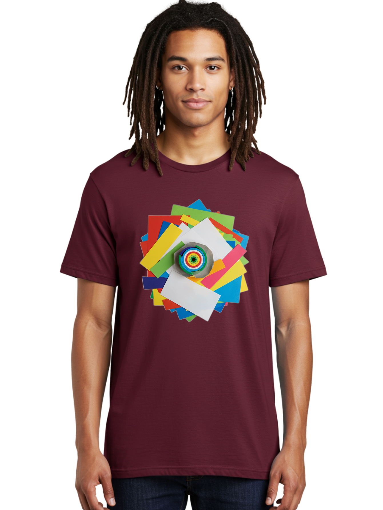 Colorful-Paper-Scraps Men'S Graphic Tee, 100% Cotton, Comfortable Casual Summer Wear, Machine Washable, Multicolored Papers, Camera Lens, Creative Collage, Art Supplies, Vibrant Colors, Colorful Textures, Abstract Art, Photography Equipment Bac886