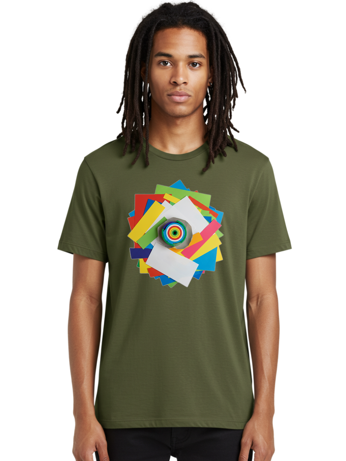 Colorful-Paper-Scraps Men'S Graphic Tee, 100% Cotton, Comfortable Casual Summer Wear, Machine Washable, Multicolored Papers, Camera Lens, Creative Collage, Art Supplies, Vibrant Colors, Colorful Textures, Abstract Art, Photography Equipment Bac886