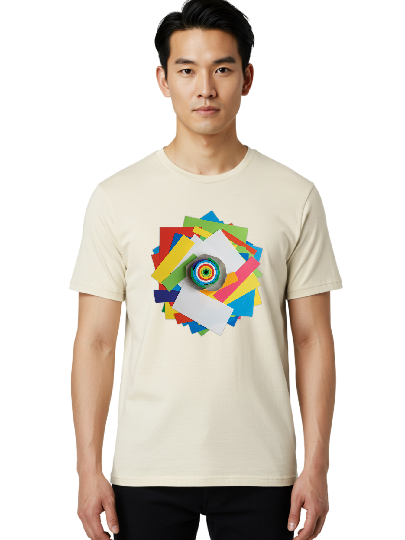 Colorful-Paper-Scraps Men'S Graphic Tee, 100% Cotton, Comfortable Casual Summer Wear, Machine Washable, Multicolored Papers, Camera Lens, Creative Collage, Art Supplies, Vibrant Colors, Colorful Textures, Abstract Art, Photography Equipment Bac886