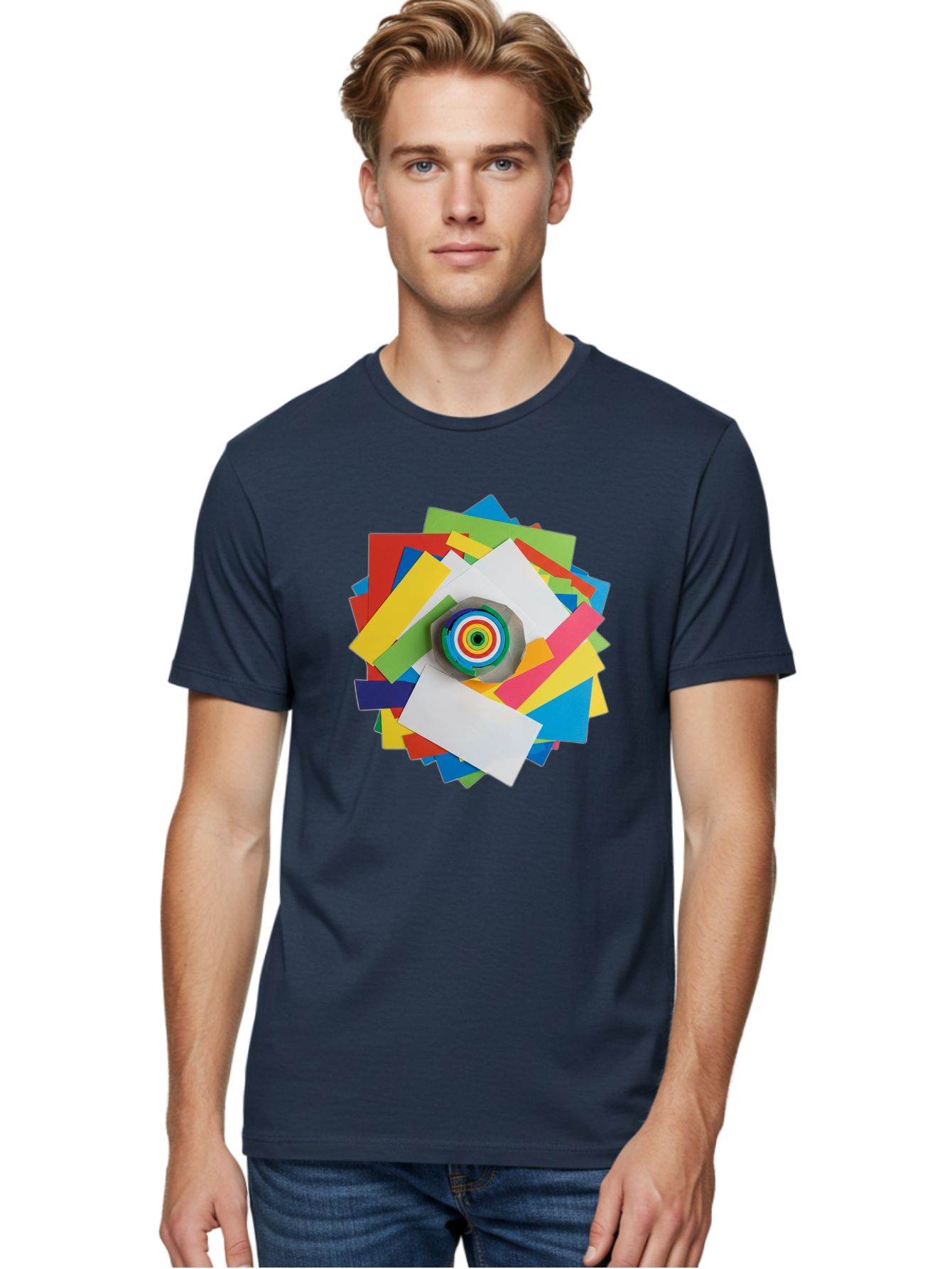 Colorful-Paper-Scraps Men'S Graphic Tee, 100% Cotton, Comfortable Casual Summer Wear, Machine Washable, Multicolored Papers, Camera Lens, Creative Collage, Art Supplies, Vibrant Colors, Colorful Textures, Abstract Art, Photography Equipment Bac886