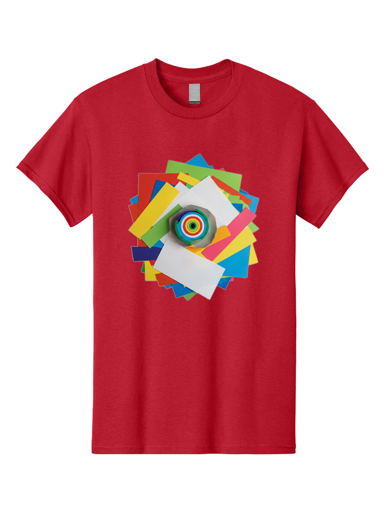 Colorful-Paper-Scraps Men'S Graphic Tee, 100% Cotton, Comfortable Casual Summer Wear, Machine Washable, Multicolored Papers, Camera Lens, Creative Collage, Art Supplies, Vibrant Colors, Colorful Textures, Abstract Art, Photography Equipment Bac886