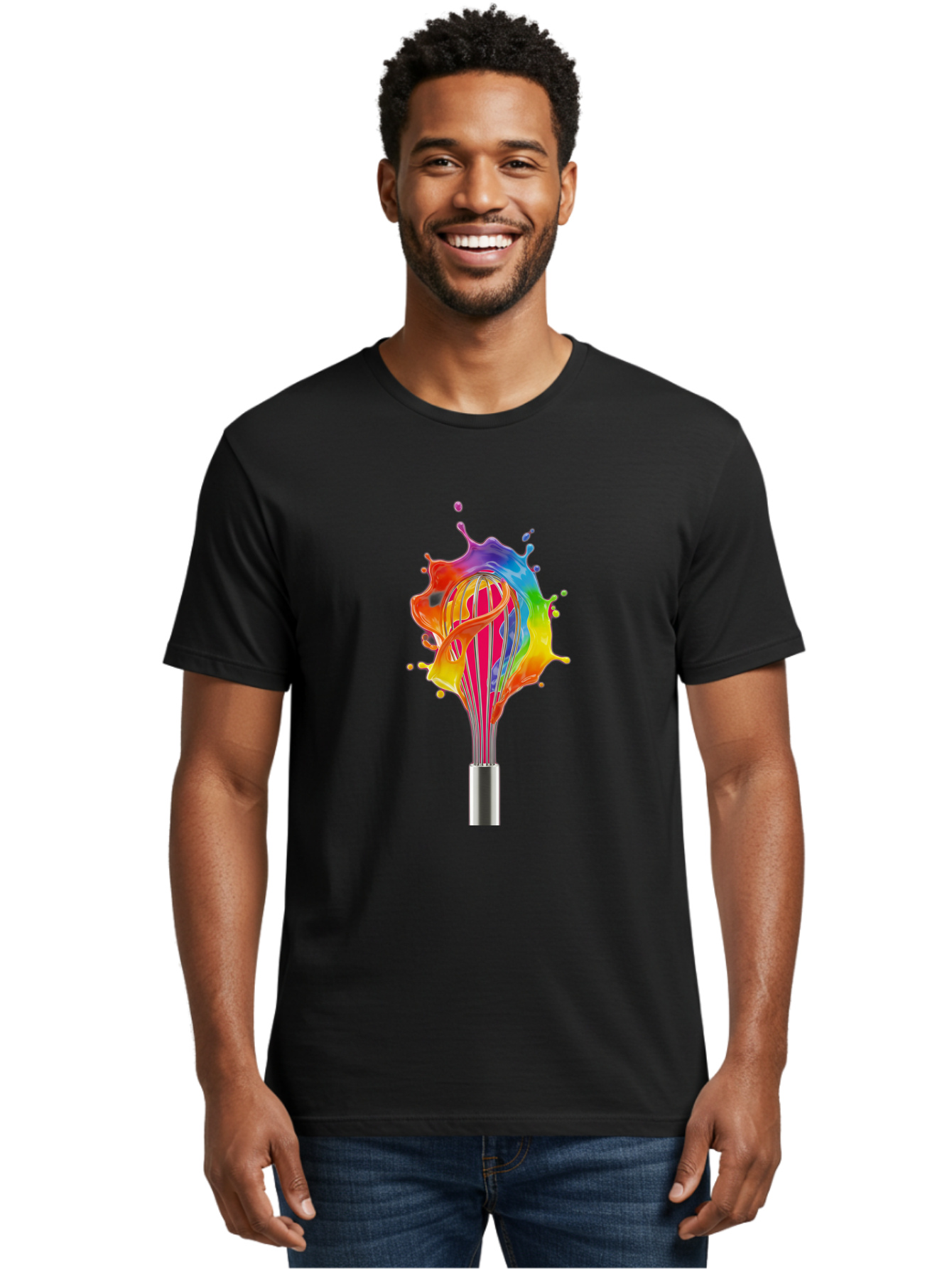 Colorful-Whisk-Splash Men'S Graphic Tee, 100% Cotton, Comfortable Casual Summer Wear, Machine Washable, Rainbow-Colored Splash, Kitchen Utensil, Vibrant Colors, Dynamic Movement, Creative Cooking, Artistic Design, Colorful Swirl, Bac887
