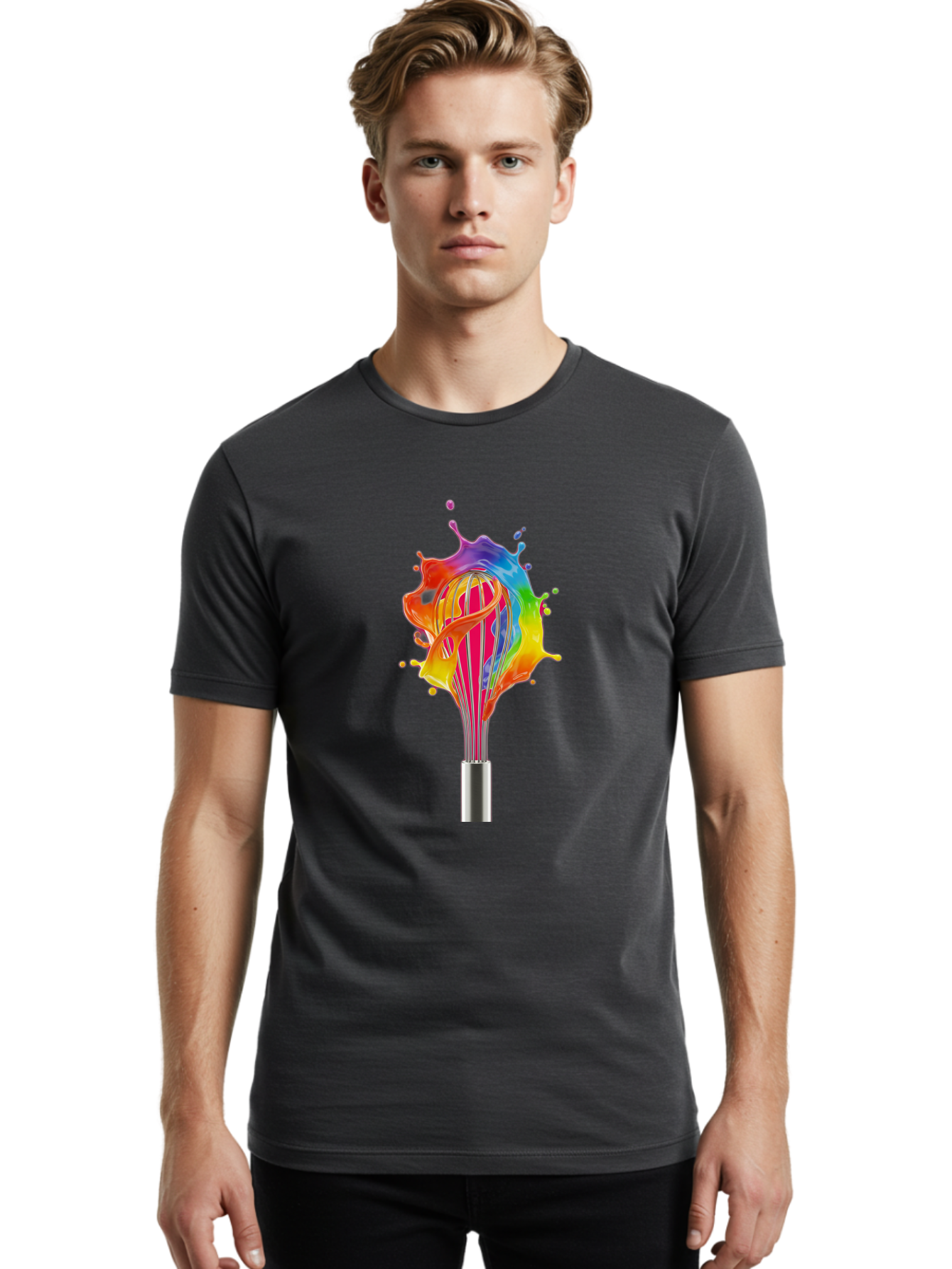 Colorful-Whisk-Splash Men'S Graphic Tee, 100% Cotton, Comfortable Casual Summer Wear, Machine Washable, Rainbow-Colored Splash, Kitchen Utensil, Vibrant Colors, Dynamic Movement, Creative Cooking, Artistic Design, Colorful Swirl, Bac887