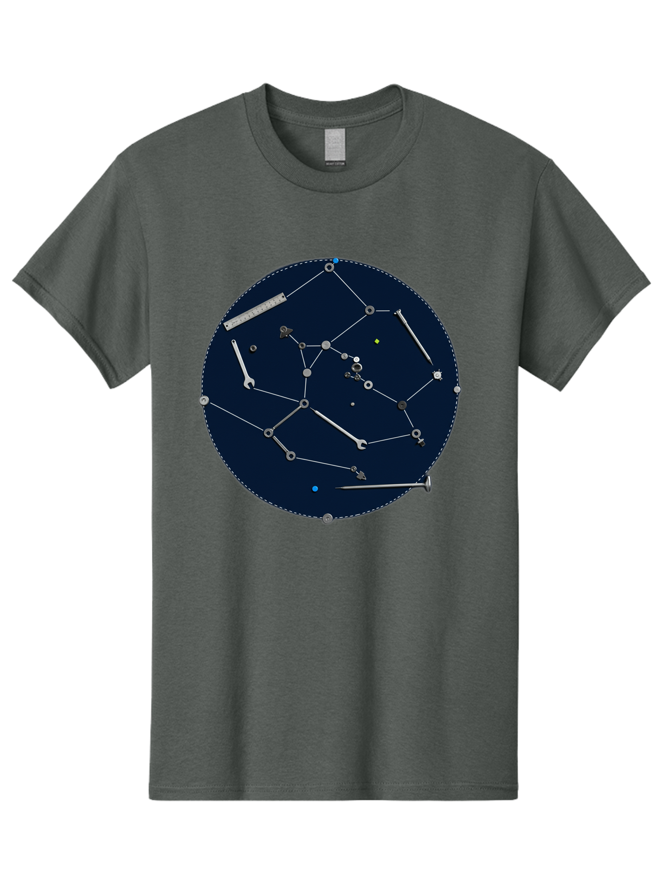 Constellation-Pattern Men'S Graphic Tee, 100% Cotton, Comfortable Casual Summer Wear, Machine Washable, Tools Forming A Constellation, Wrenches As Stars, Creative Representation, Mechanical Art, Unique Pattern, Industrial Elements, Bac888