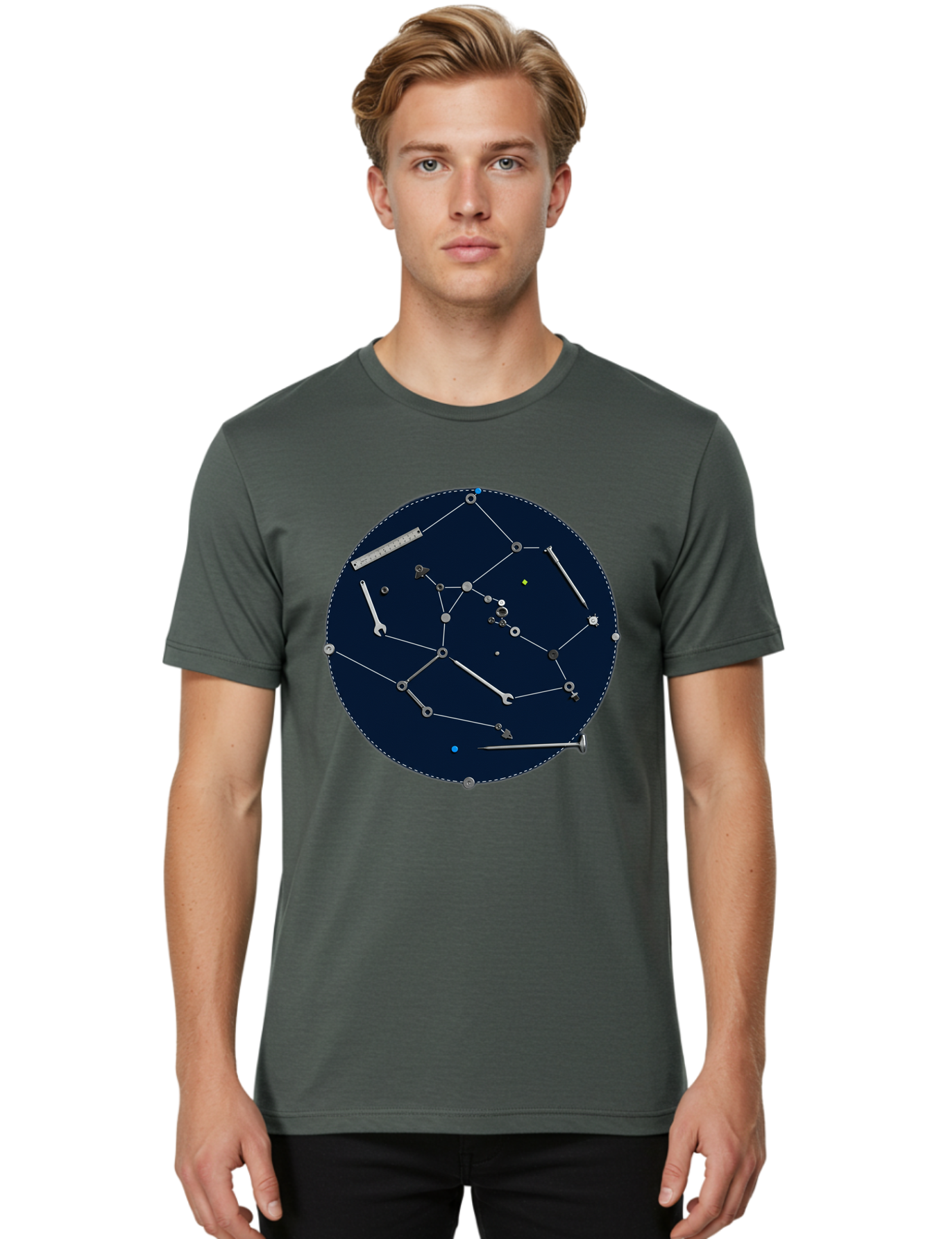 Constellation-Pattern Men'S Graphic Tee, 100% Cotton, Comfortable Casual Summer Wear, Machine Washable, Tools Forming A Constellation, Wrenches As Stars, Creative Representation, Mechanical Art, Unique Pattern, Industrial Elements, Bac888