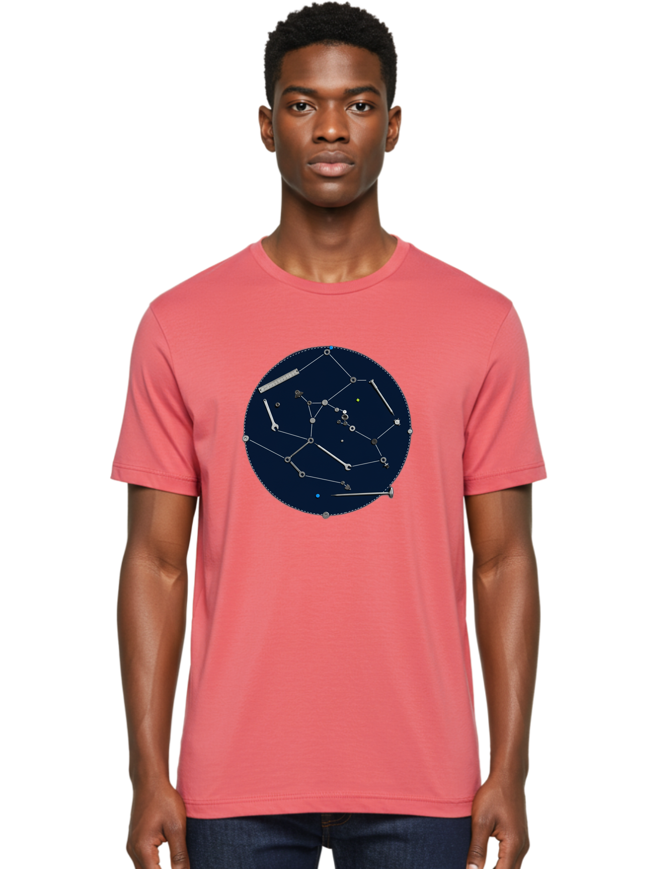 Constellation-Pattern Men'S Graphic Tee, 100% Cotton, Comfortable Casual Summer Wear, Machine Washable, Tools Forming A Constellation, Wrenches As Stars, Creative Representation, Mechanical Art, Unique Pattern, Industrial Elements, Bac888