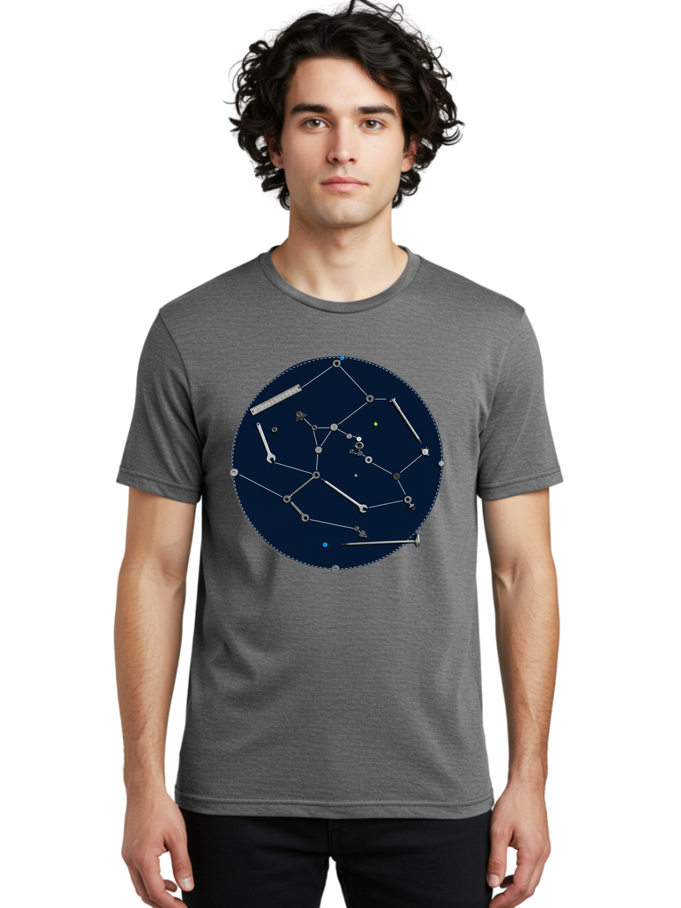 Constellation-Pattern Men'S Graphic Tee, 100% Cotton, Comfortable Casual Summer Wear, Machine Washable, Tools Forming A Constellation, Wrenches As Stars, Creative Representation, Mechanical Art, Unique Pattern, Industrial Elements, Bac888