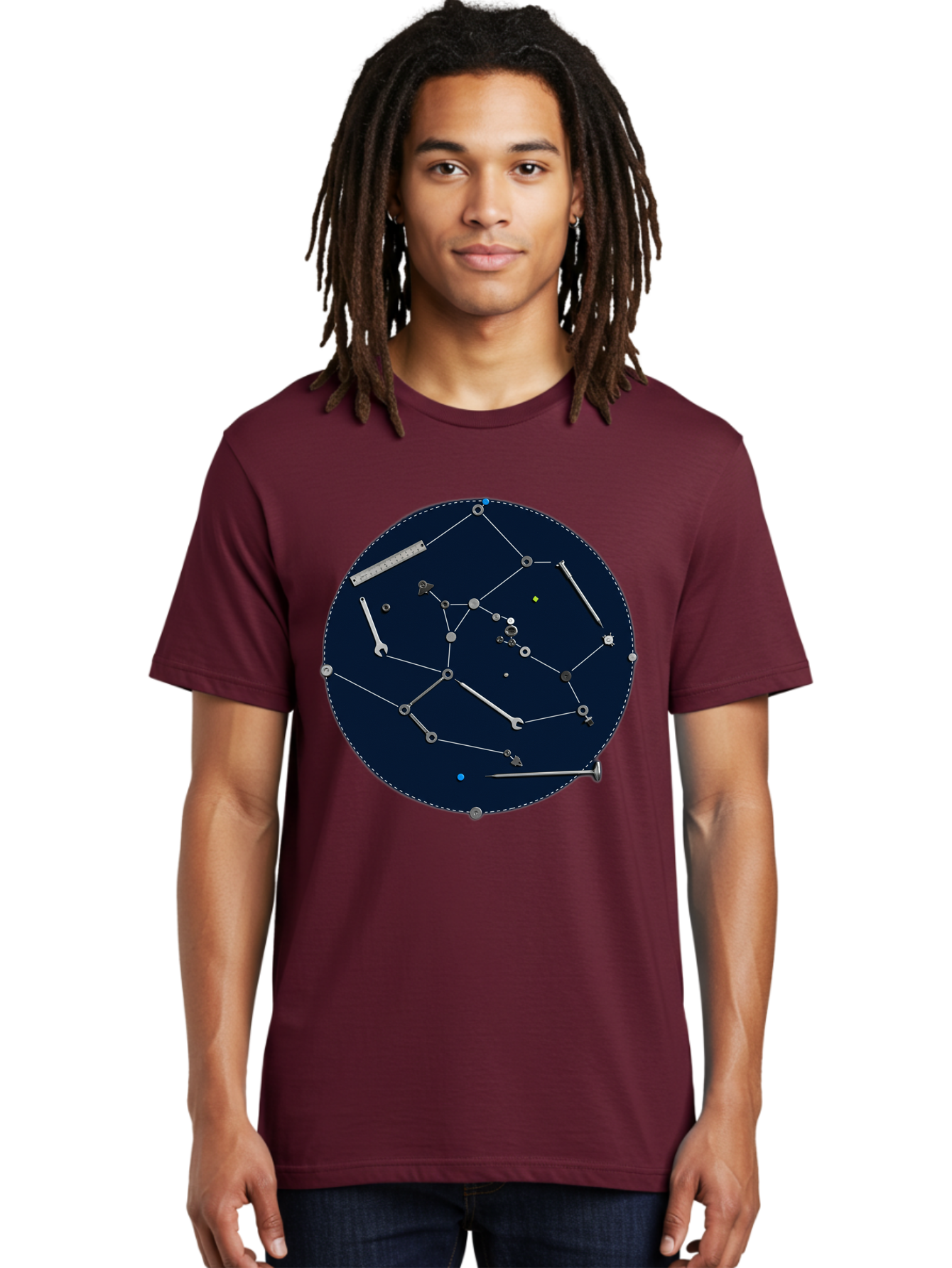 Constellation-Pattern Men'S Graphic Tee, 100% Cotton, Comfortable Casual Summer Wear, Machine Washable, Tools Forming A Constellation, Wrenches As Stars, Creative Representation, Mechanical Art, Unique Pattern, Industrial Elements, Bac888