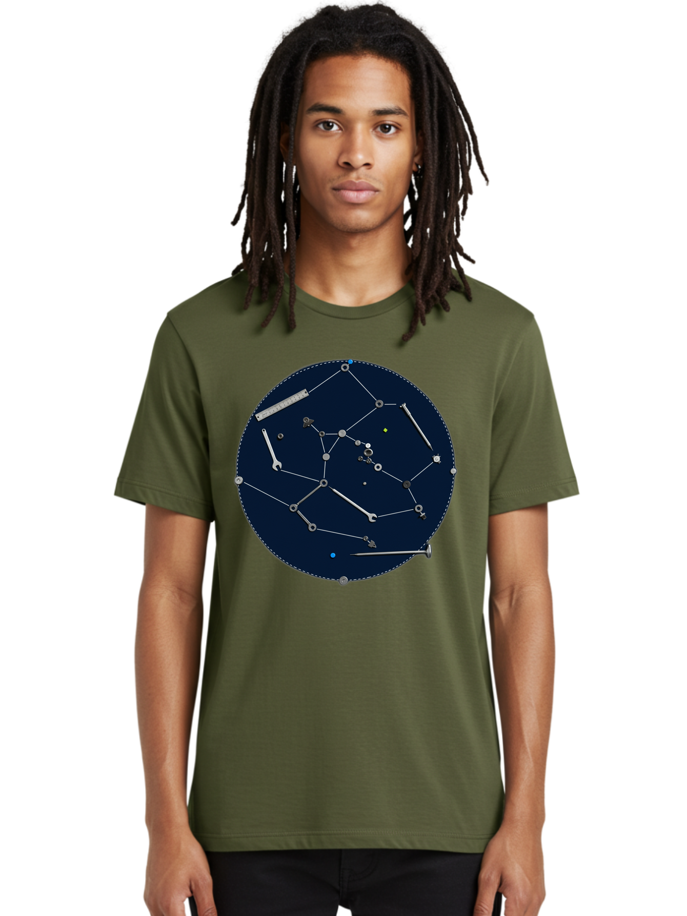 Constellation-Pattern Men'S Graphic Tee, 100% Cotton, Comfortable Casual Summer Wear, Machine Washable, Tools Forming A Constellation, Wrenches As Stars, Creative Representation, Mechanical Art, Unique Pattern, Industrial Elements, Bac888