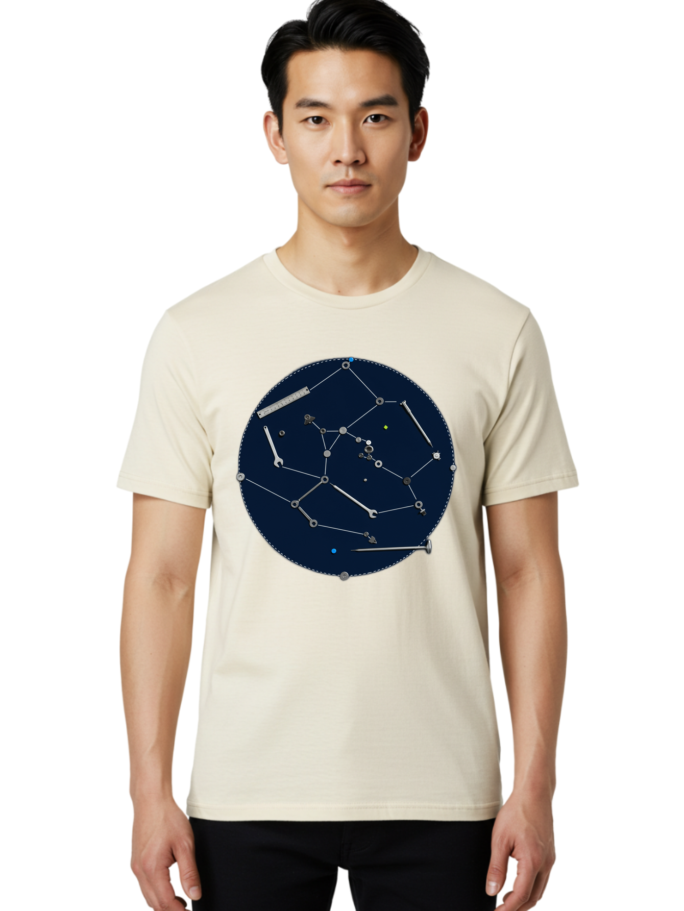 Constellation-Pattern Men'S Graphic Tee, 100% Cotton, Comfortable Casual Summer Wear, Machine Washable, Tools Forming A Constellation, Wrenches As Stars, Creative Representation, Mechanical Art, Unique Pattern, Industrial Elements, Bac888