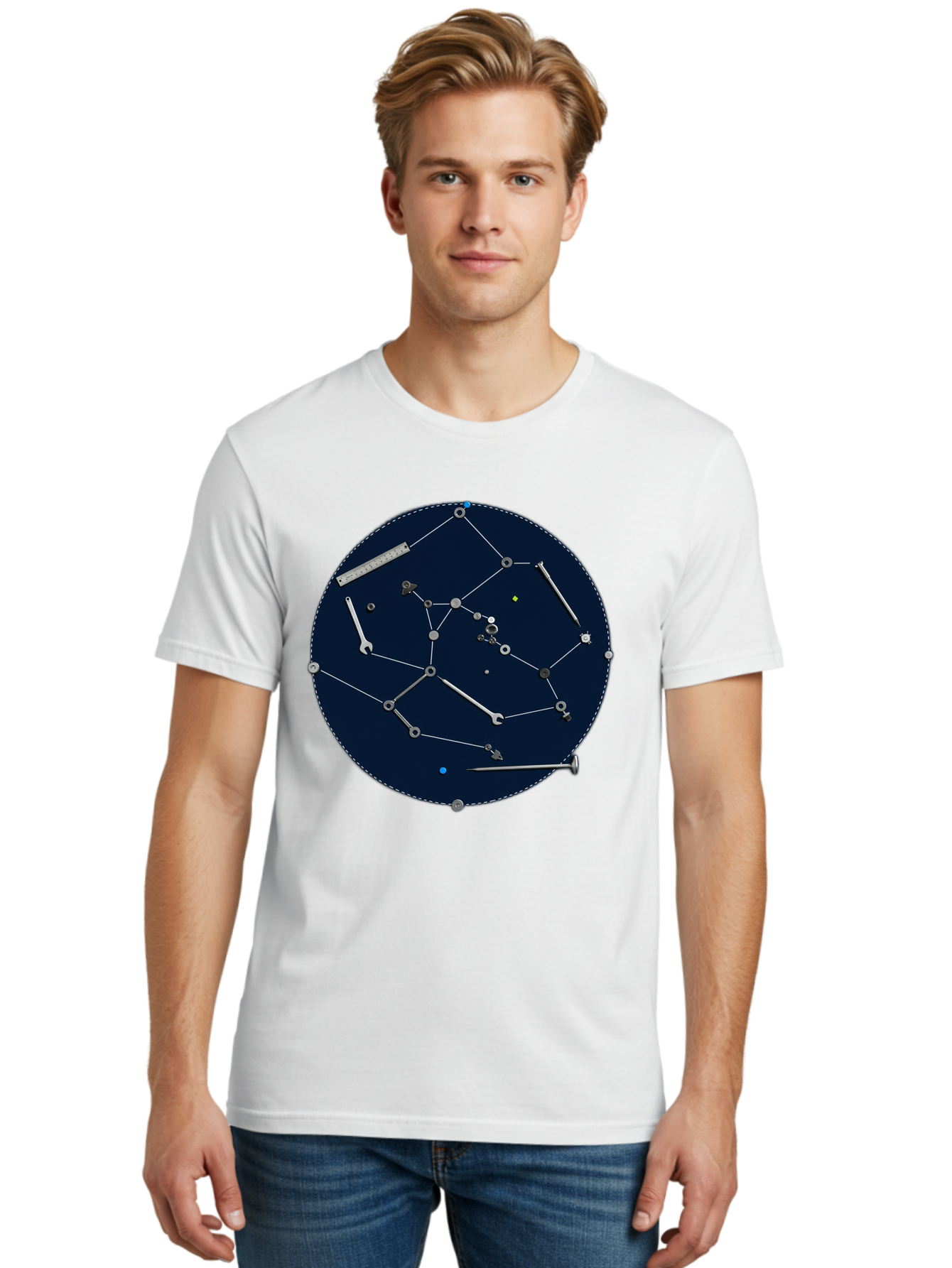 Constellation-Pattern Men'S Graphic Tee, 100% Cotton, Comfortable Casual Summer Wear, Machine Washable, Tools Forming A Constellation, Wrenches As Stars, Creative Representation, Mechanical Art, Unique Pattern, Industrial Elements, Bac888