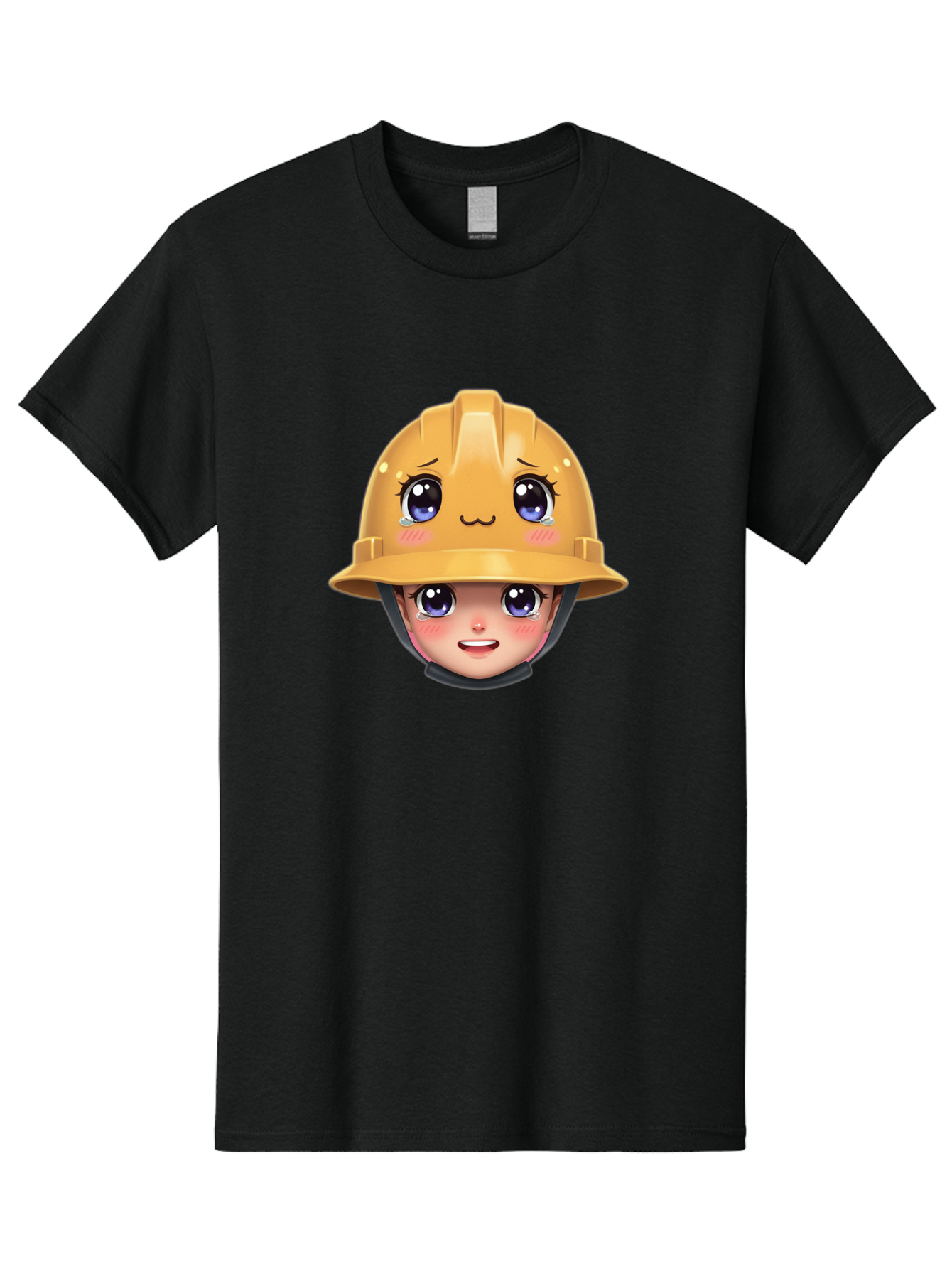 Construction-Hard-Hat-Emoji Men'S Graphic Tee, 100% Cotton, Comfortable Casual Summer Wear, Machine Washable, Kawaii Emoji, Cute Face, Hard Hat, Cartoon Character, Yellow Safety Helmet, Big Eyes, Rosy Cheeks, Smiling Face, Construction Worker, Bac890