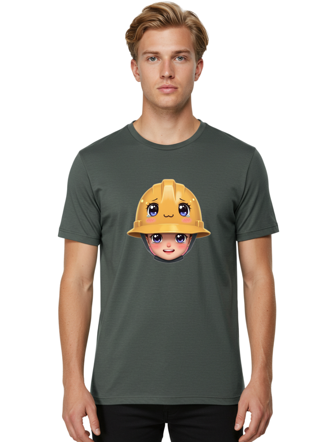 Construction-Hard-Hat-Emoji Men'S Graphic Tee, 100% Cotton, Comfortable Casual Summer Wear, Machine Washable, Kawaii Emoji, Cute Face, Hard Hat, Cartoon Character, Yellow Safety Helmet, Big Eyes, Rosy Cheeks, Smiling Face, Construction Worker, Bac890