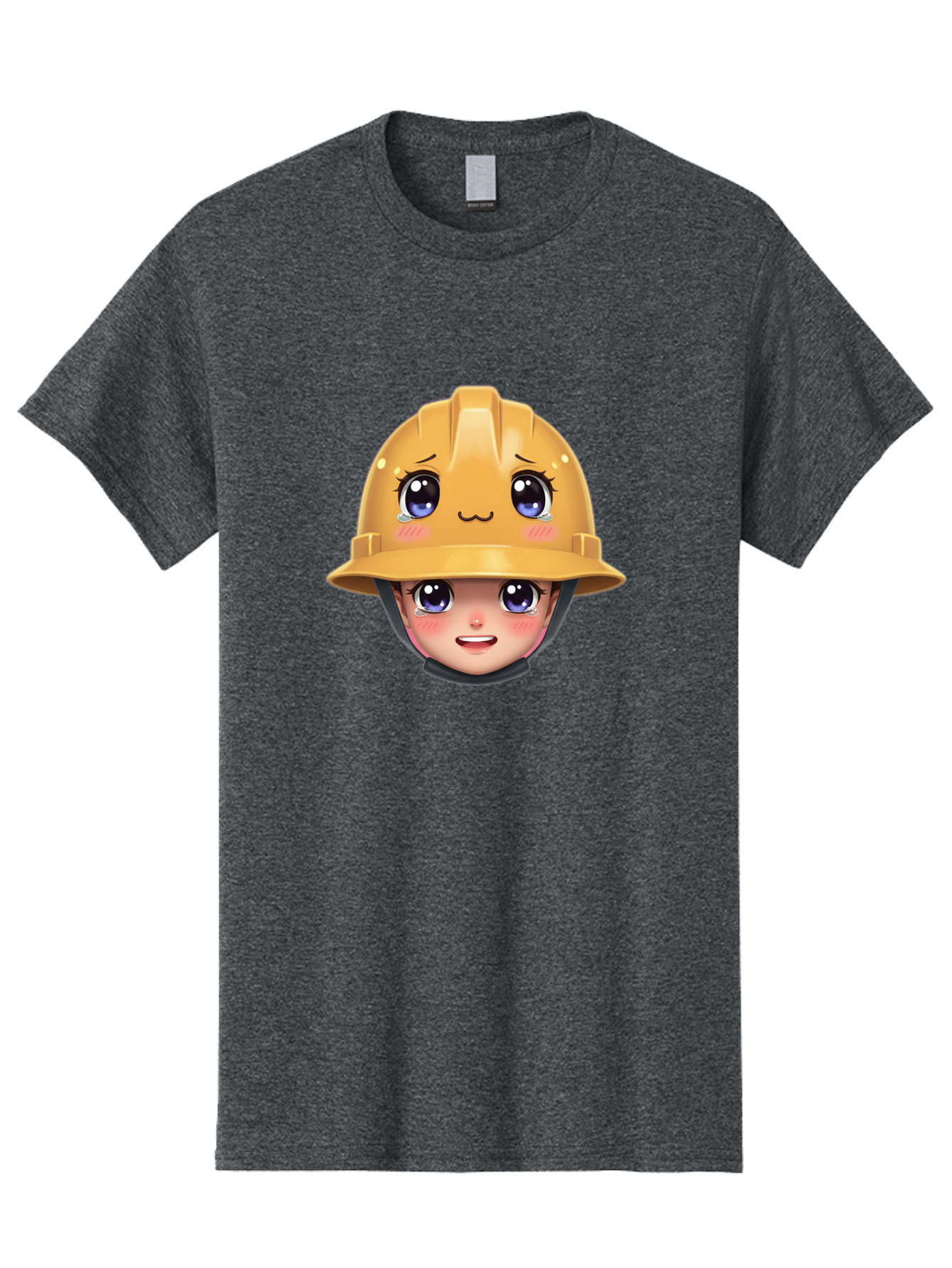 Construction-Hard-Hat-Emoji Men'S Graphic Tee, 100% Cotton, Comfortable Casual Summer Wear, Machine Washable, Kawaii Emoji, Cute Face, Hard Hat, Cartoon Character, Yellow Safety Helmet, Big Eyes, Rosy Cheeks, Smiling Face, Construction Worker, Bac890