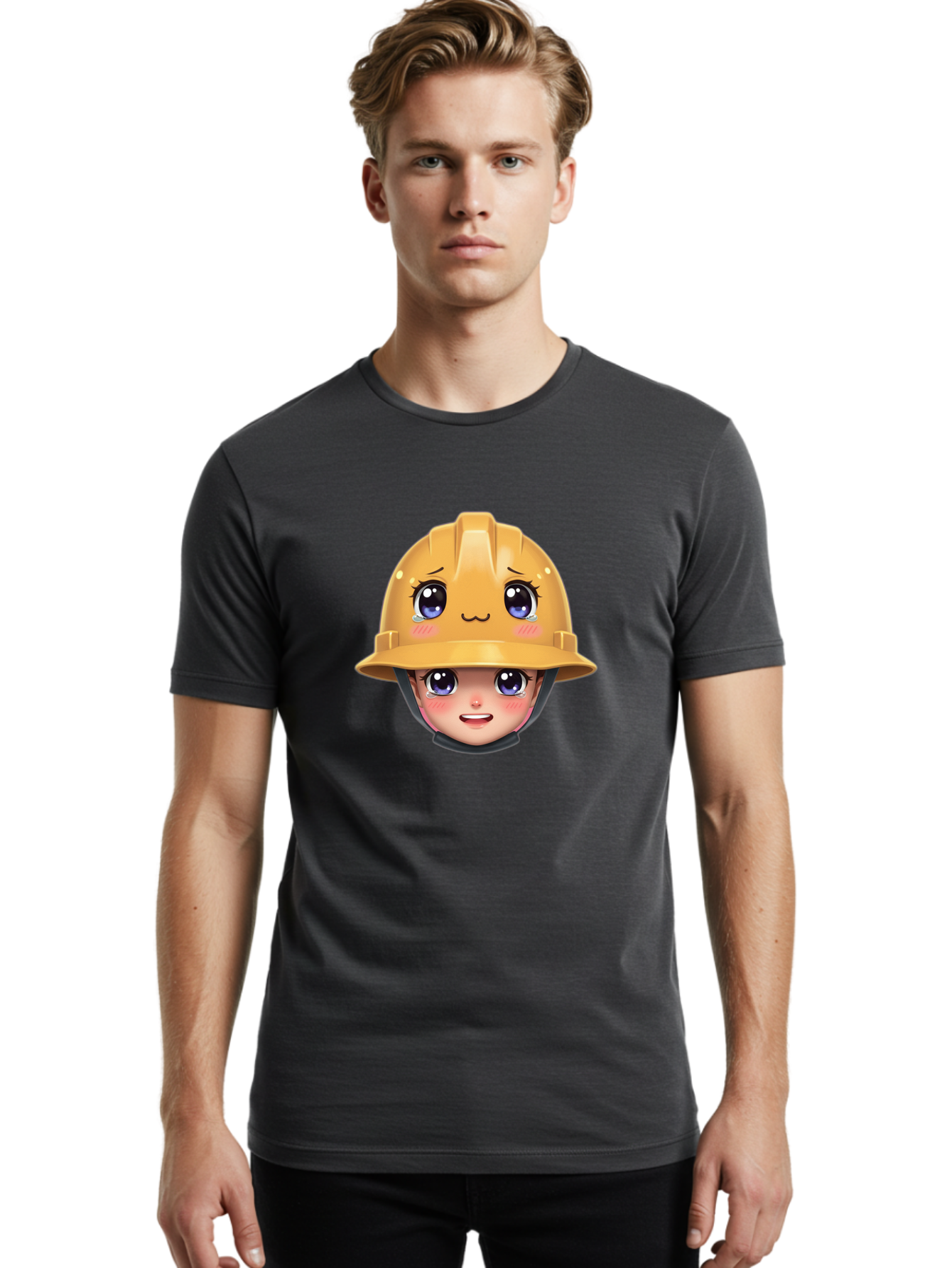 Construction-Hard-Hat-Emoji Men'S Graphic Tee, 100% Cotton, Comfortable Casual Summer Wear, Machine Washable, Kawaii Emoji, Cute Face, Hard Hat, Cartoon Character, Yellow Safety Helmet, Big Eyes, Rosy Cheeks, Smiling Face, Construction Worker, Bac890