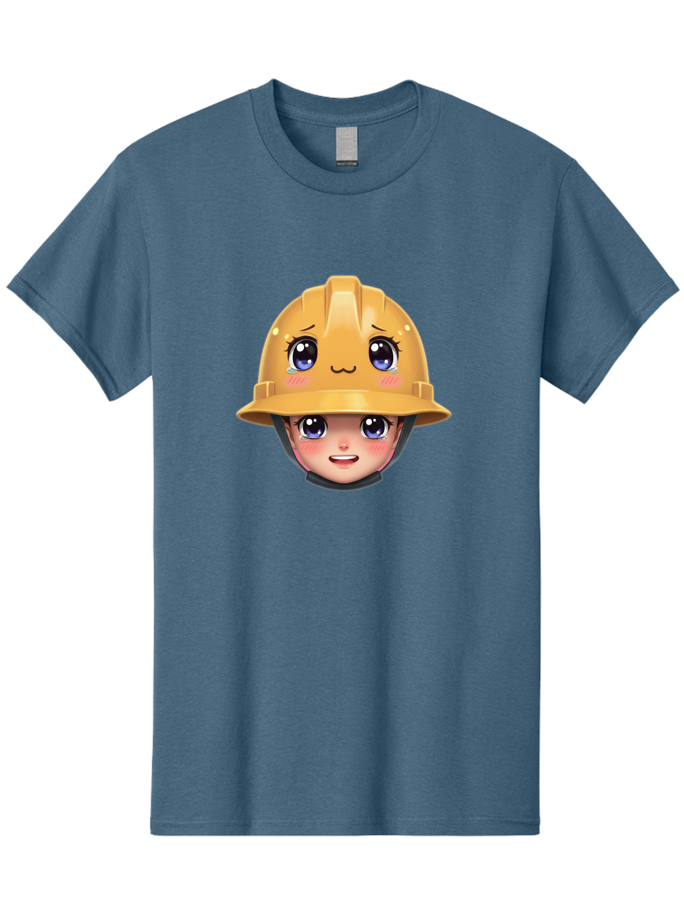 Construction-Hard-Hat-Emoji Men'S Graphic Tee, 100% Cotton, Comfortable Casual Summer Wear, Machine Washable, Kawaii Emoji, Cute Face, Hard Hat, Cartoon Character, Yellow Safety Helmet, Big Eyes, Rosy Cheeks, Smiling Face, Construction Worker, Bac890