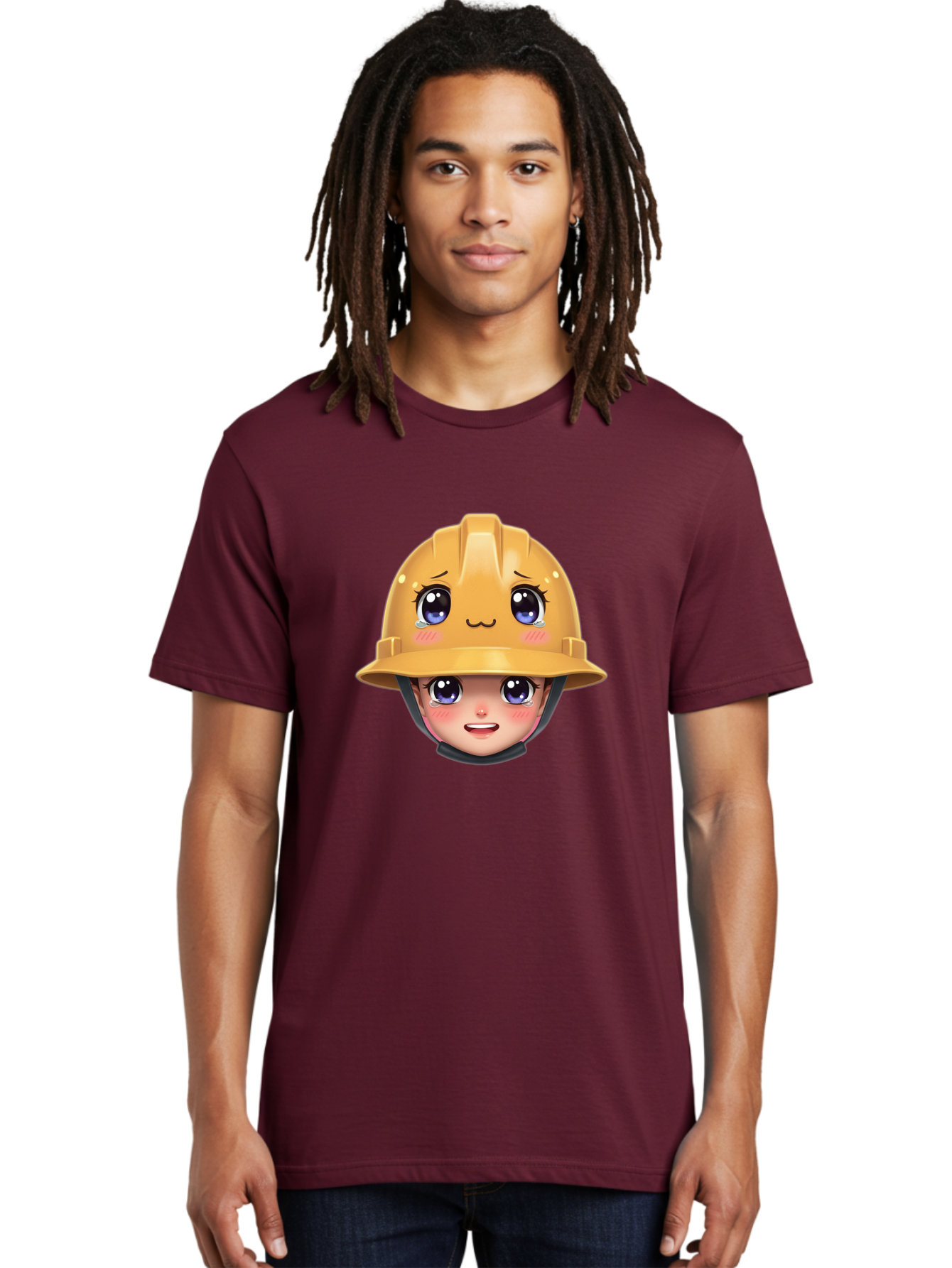 Construction-Hard-Hat-Emoji Men'S Graphic Tee, 100% Cotton, Comfortable Casual Summer Wear, Machine Washable, Kawaii Emoji, Cute Face, Hard Hat, Cartoon Character, Yellow Safety Helmet, Big Eyes, Rosy Cheeks, Smiling Face, Construction Worker, Bac890