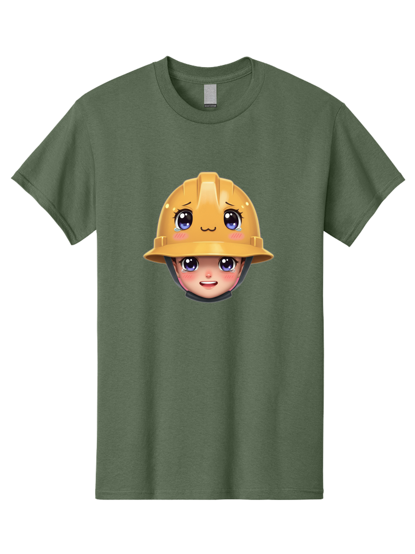 Construction-Hard-Hat-Emoji Men'S Graphic Tee, 100% Cotton, Comfortable Casual Summer Wear, Machine Washable, Kawaii Emoji, Cute Face, Hard Hat, Cartoon Character, Yellow Safety Helmet, Big Eyes, Rosy Cheeks, Smiling Face, Construction Worker, Bac890