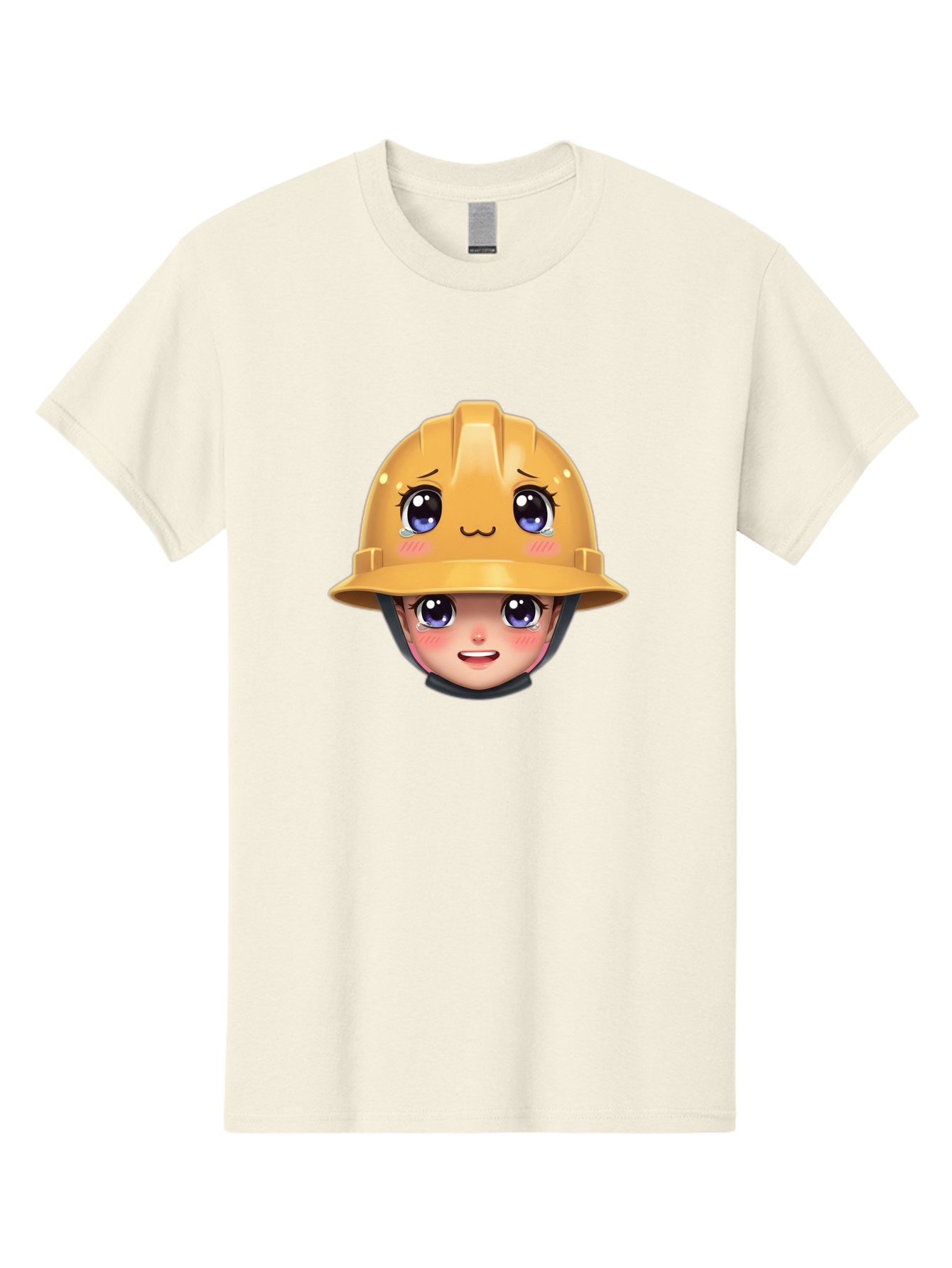 Construction-Hard-Hat-Emoji Men'S Graphic Tee, 100% Cotton, Comfortable Casual Summer Wear, Machine Washable, Kawaii Emoji, Cute Face, Hard Hat, Cartoon Character, Yellow Safety Helmet, Big Eyes, Rosy Cheeks, Smiling Face, Construction Worker, Bac890