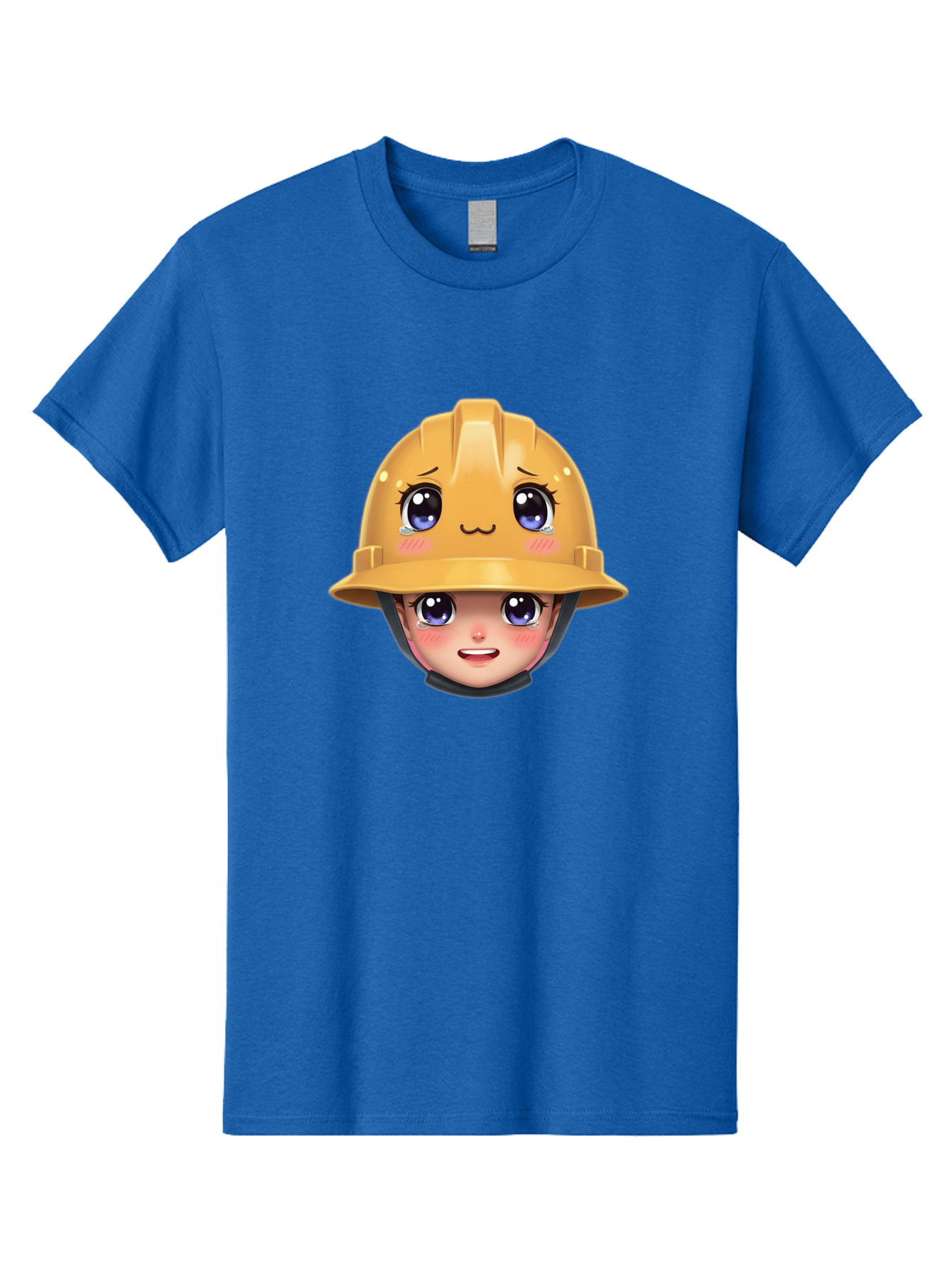 Construction-Hard-Hat-Emoji Men'S Graphic Tee, 100% Cotton, Comfortable Casual Summer Wear, Machine Washable, Kawaii Emoji, Cute Face, Hard Hat, Cartoon Character, Yellow Safety Helmet, Big Eyes, Rosy Cheeks, Smiling Face, Construction Worker, Bac890