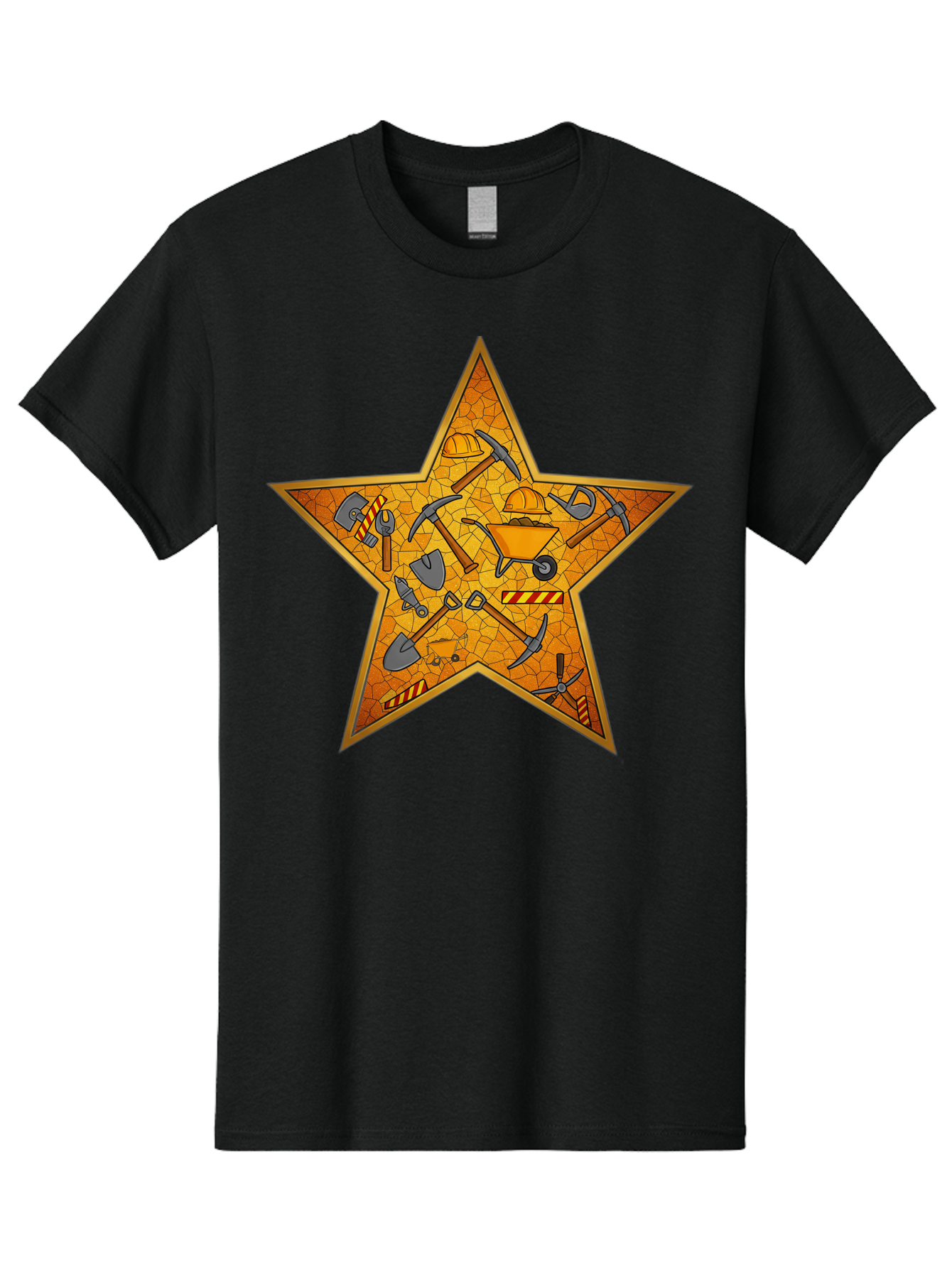 Construction-Tools-Star Men'S Graphic Tee, 100% Cotton, Comfortable Casual Summer Wear, Machine Washable, Construction Tools, Star Emblem, Hard Hat, Wheelbarrow, Shovels, Pickaxes, Hammers, Builder'S Equipment, Diy Symbol, Industrial Icon Bac891
