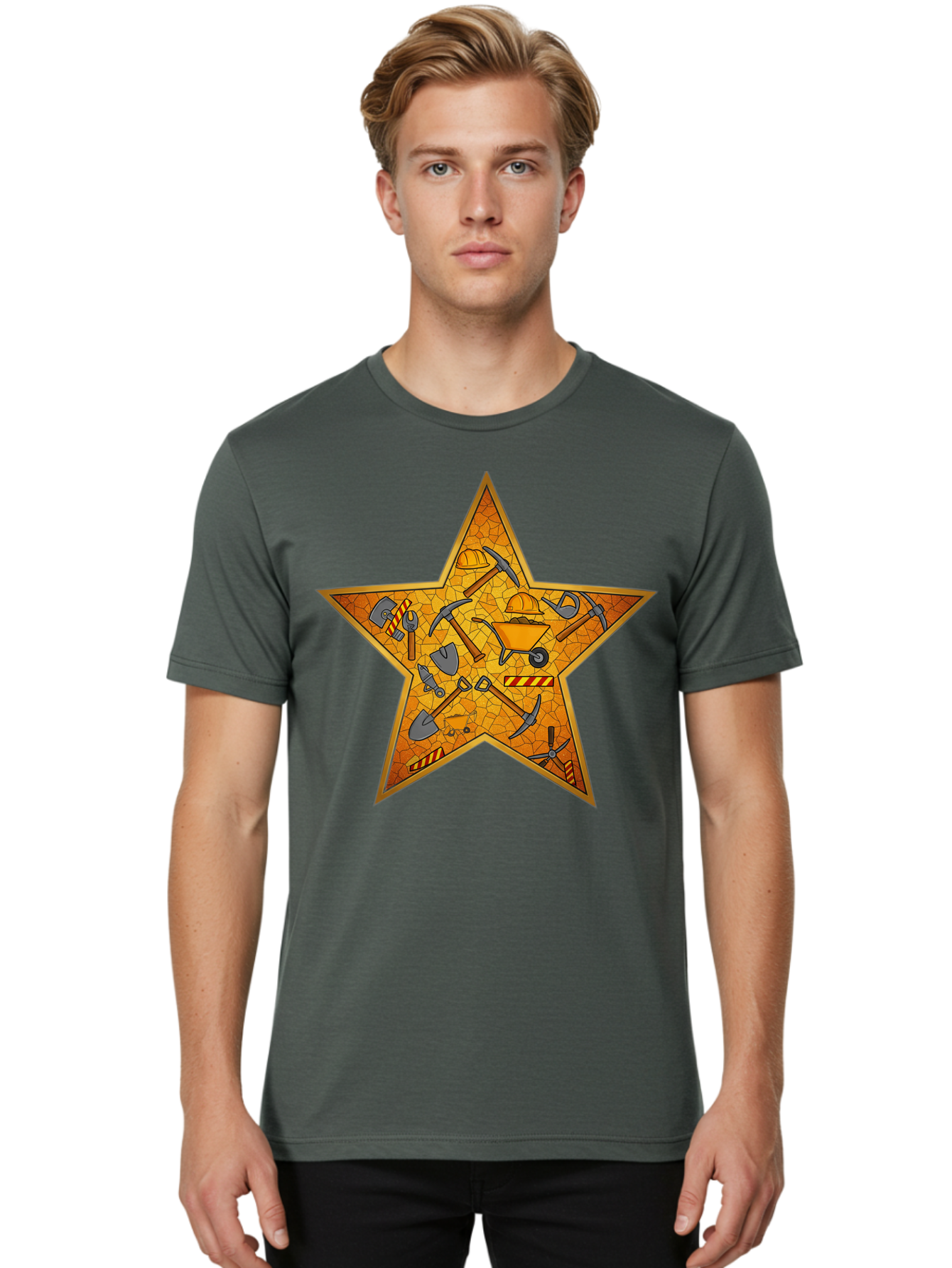 Construction-Tools-Star Men'S Graphic Tee, 100% Cotton, Comfortable Casual Summer Wear, Machine Washable, Construction Tools, Star Emblem, Hard Hat, Wheelbarrow, Shovels, Pickaxes, Hammers, Builder'S Equipment, Diy Symbol, Industrial Icon Bac891