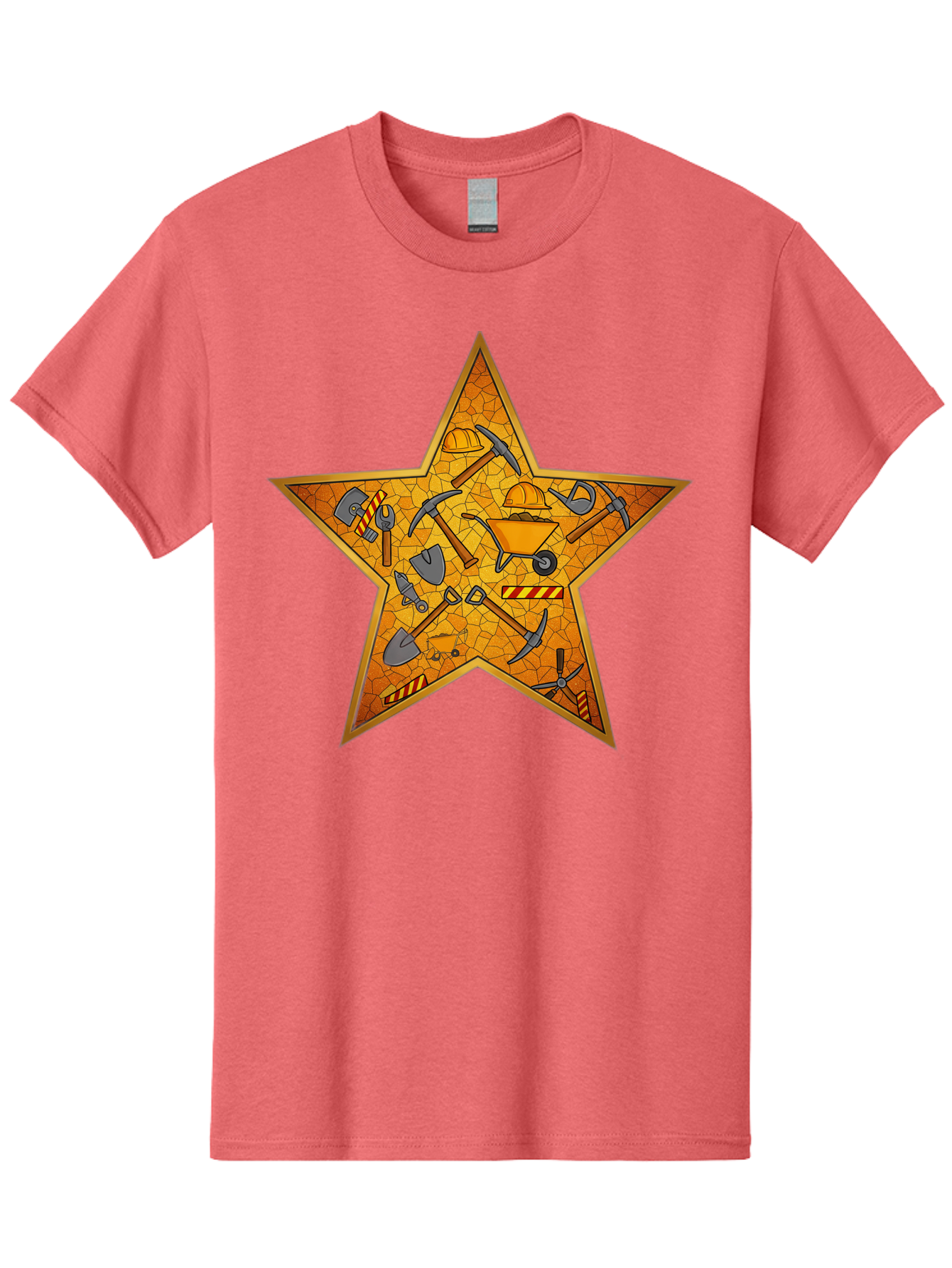 Construction-Tools-Star Men'S Graphic Tee, 100% Cotton, Comfortable Casual Summer Wear, Machine Washable, Construction Tools, Star Emblem, Hard Hat, Wheelbarrow, Shovels, Pickaxes, Hammers, Builder'S Equipment, Diy Symbol, Industrial Icon Bac891